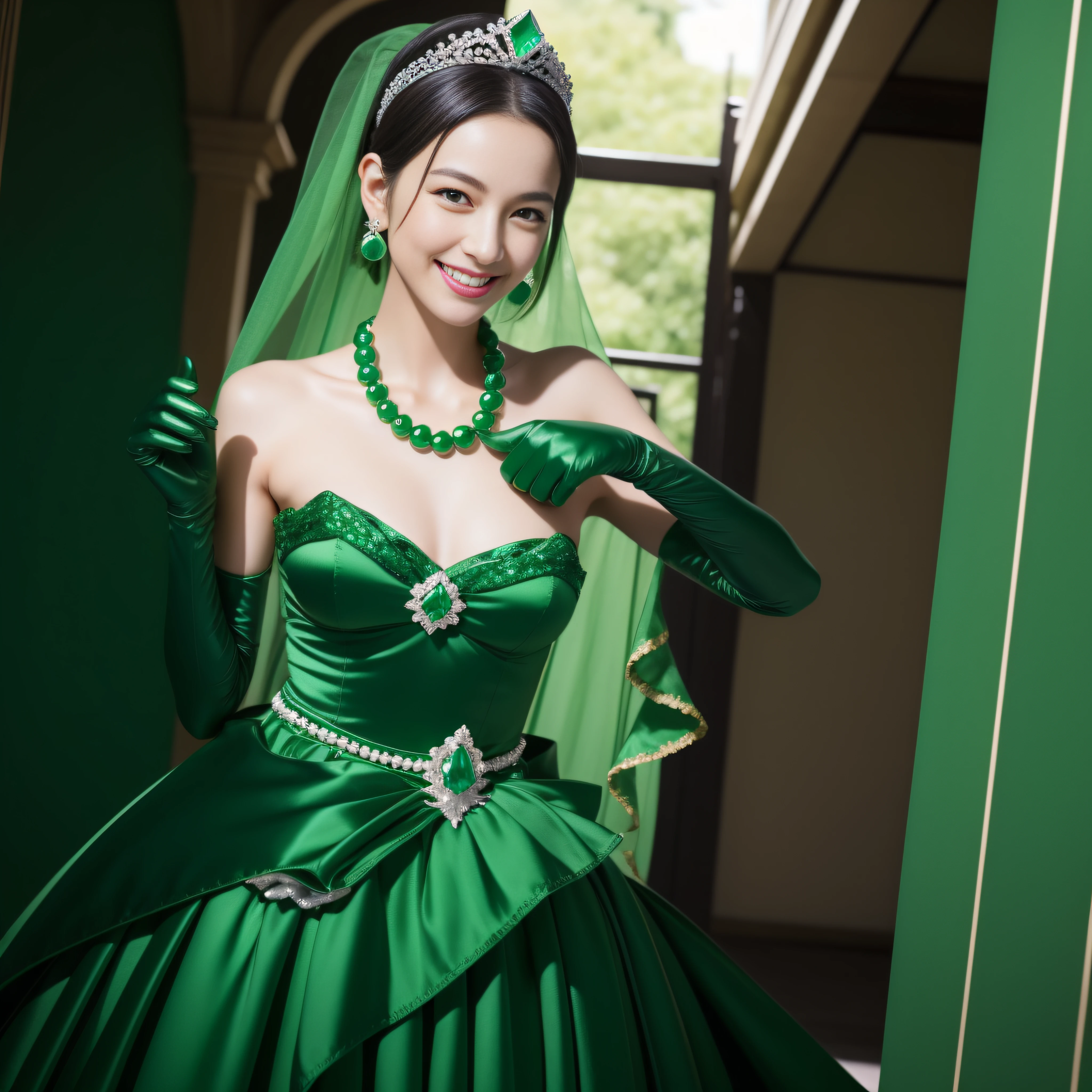 "(Best Quality,Realistic),Japan woman with beautiful smile,emerald tiara,Green Pearl Necklace,Boyish extremely short black hair,lip stick,Green eyes,Long Green Satin Gloves,short short hair, Green eyes
