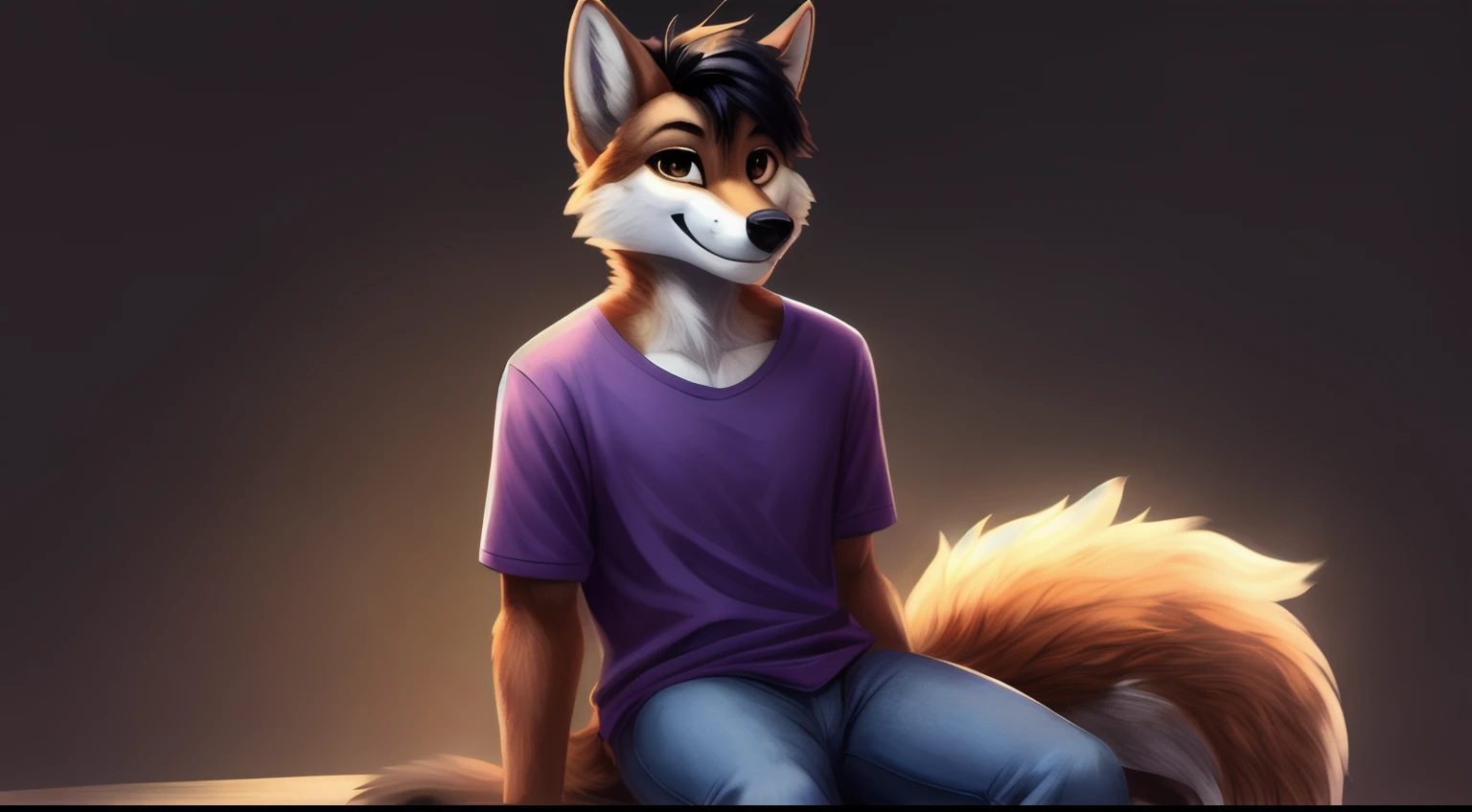 masterpiece, (male red furred wolf), (short black hair), smiling, dark background, good illumination, soft shadows, detailed face, smiling, sunshine, brown eyes, detailed body, anthro, male, looking to the camera, full body, (purple shirt), (tight blue jeans), (fluffy tail), seated