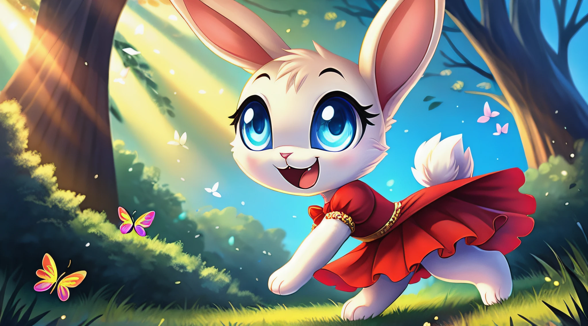 zoomed out image, fantasy style art, cute, adorable, short character, small, tiny, little fluffy female white bunny with blue eyes, 4 ears, 2 extra ears, big floppy ears, long ears, ears perked up, raised ears, long eyelashes, wearing a red frilly ribbon dress, in a forest, playing with butterflies, colorful butterflies, big expressive smile, open mouth, wide eyes, excited eyes, excited face, stunning visuals, sunrays, digital illustration