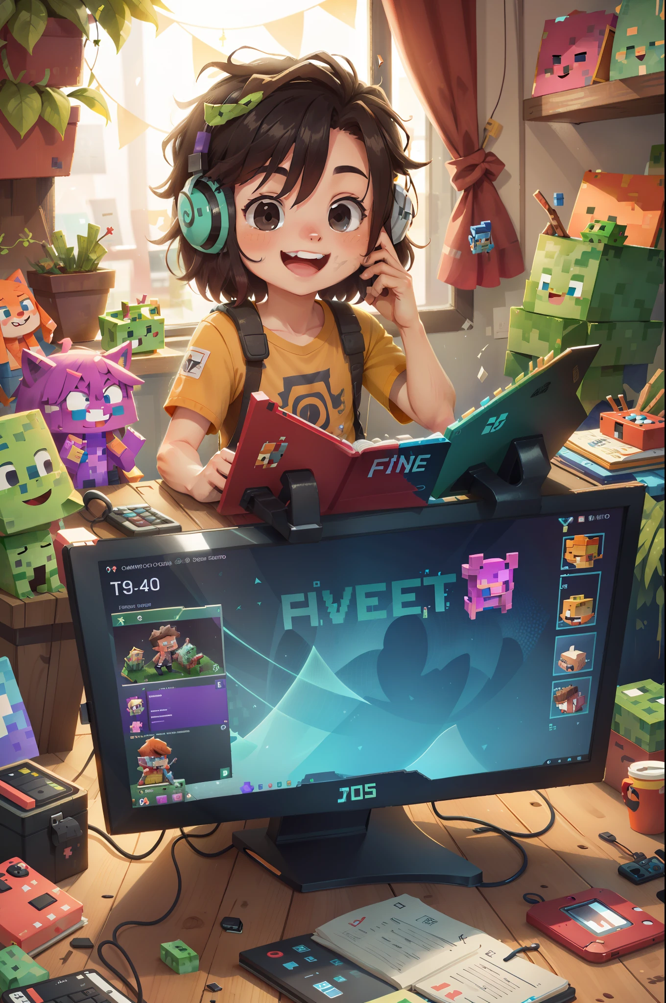 garoto gamer, computador gamer, fone, tela do computador aparente jogando minecraft live stream sorrindo cabelos compridos