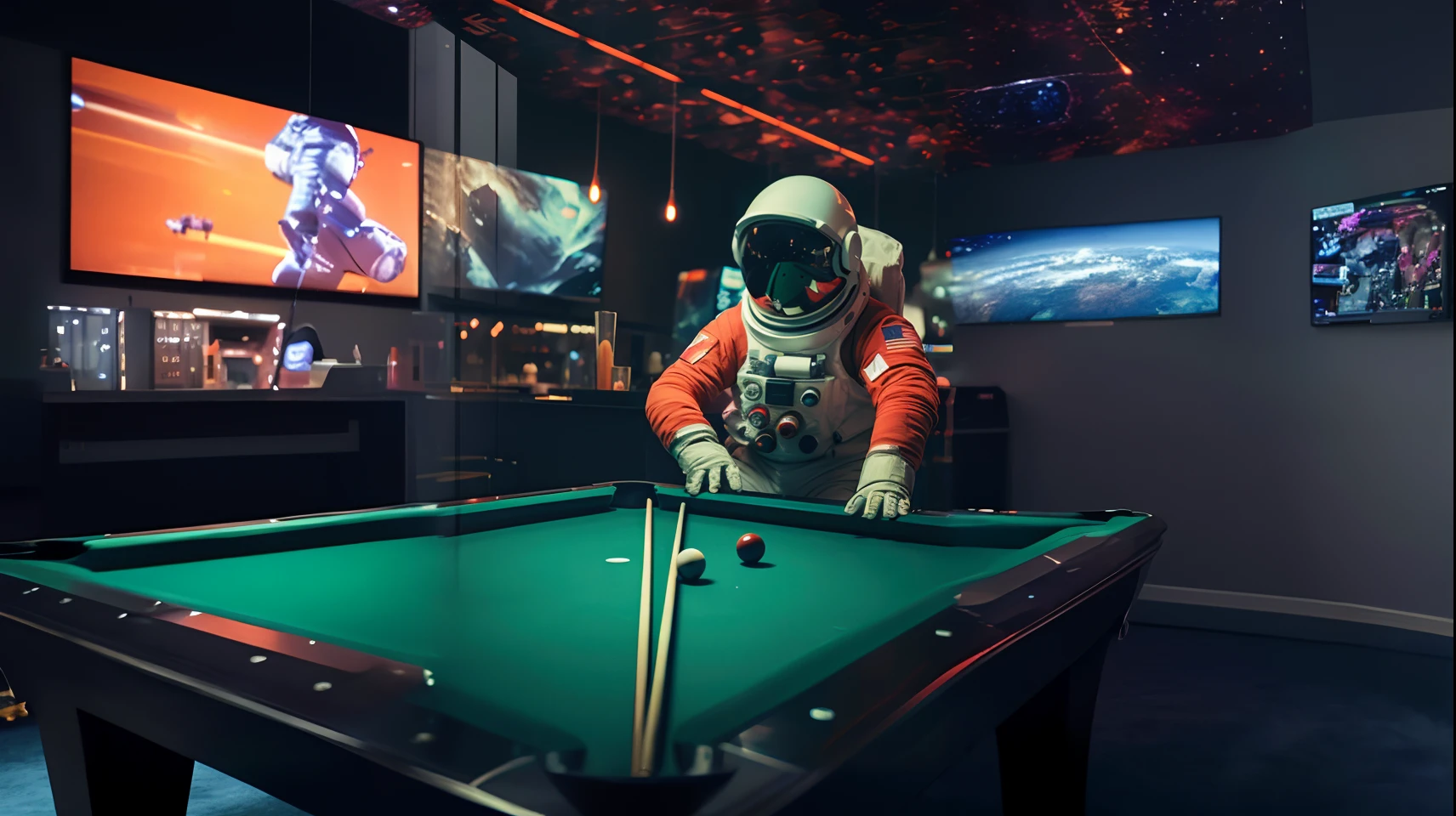 Astronauts in spacesuits play billiards at a bar with TV, an astronaut relaxing in space, fully space suited, Astronaut, cosmic space, wear spacesuits, astronaut in space, outerspace, Billiard room, space suit, spacewalk, wearing spacesuit, lonely astronaut, In space, wearing spacesuit, Good designated space, Well equipped space