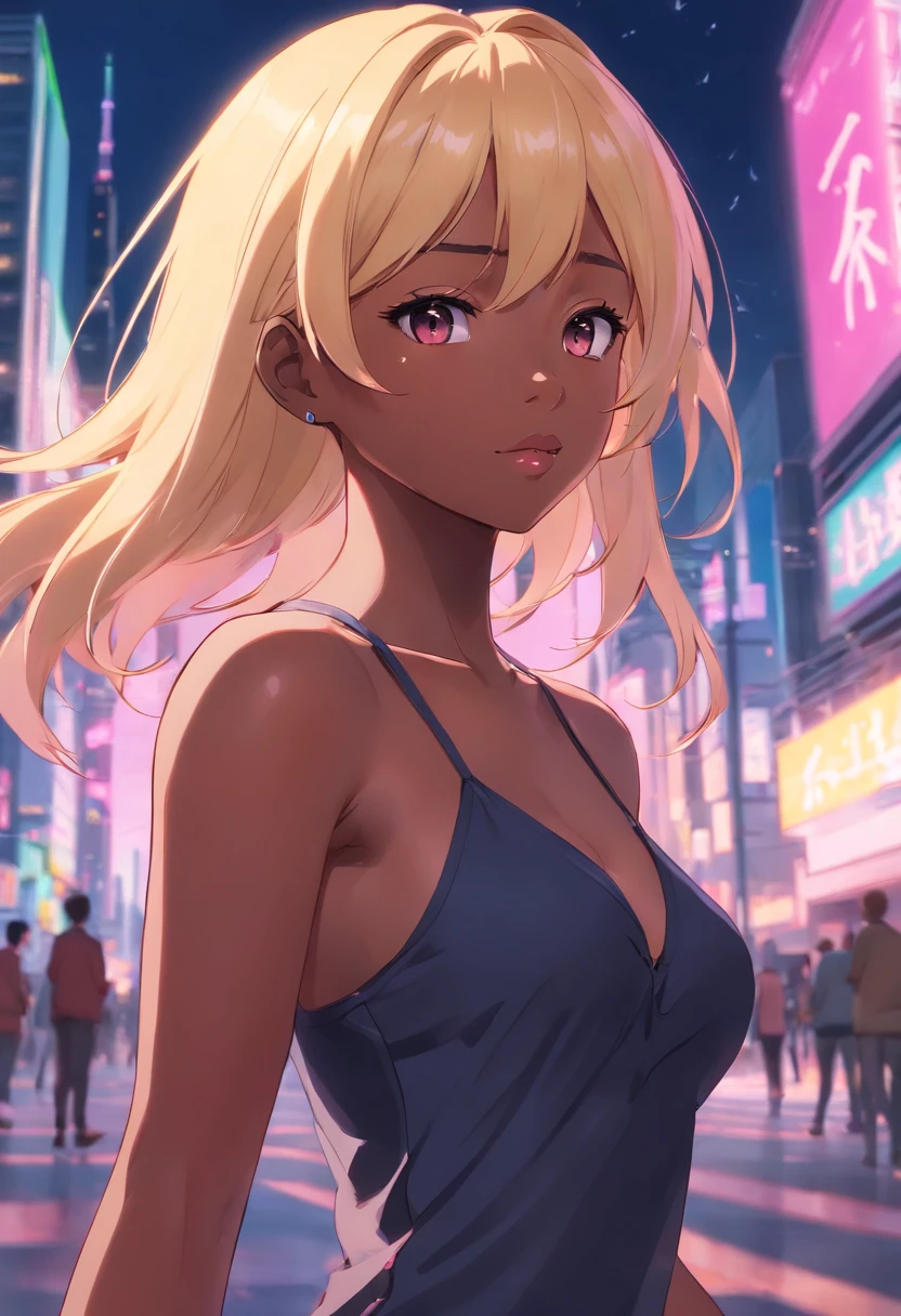 Black woman with blonde hair, There are pink highlights, Wear tight sexy clothes, cleavage, Wear thigh boots, Flowing hair Highlighted hair, Wearing makeup, I'm a pop star