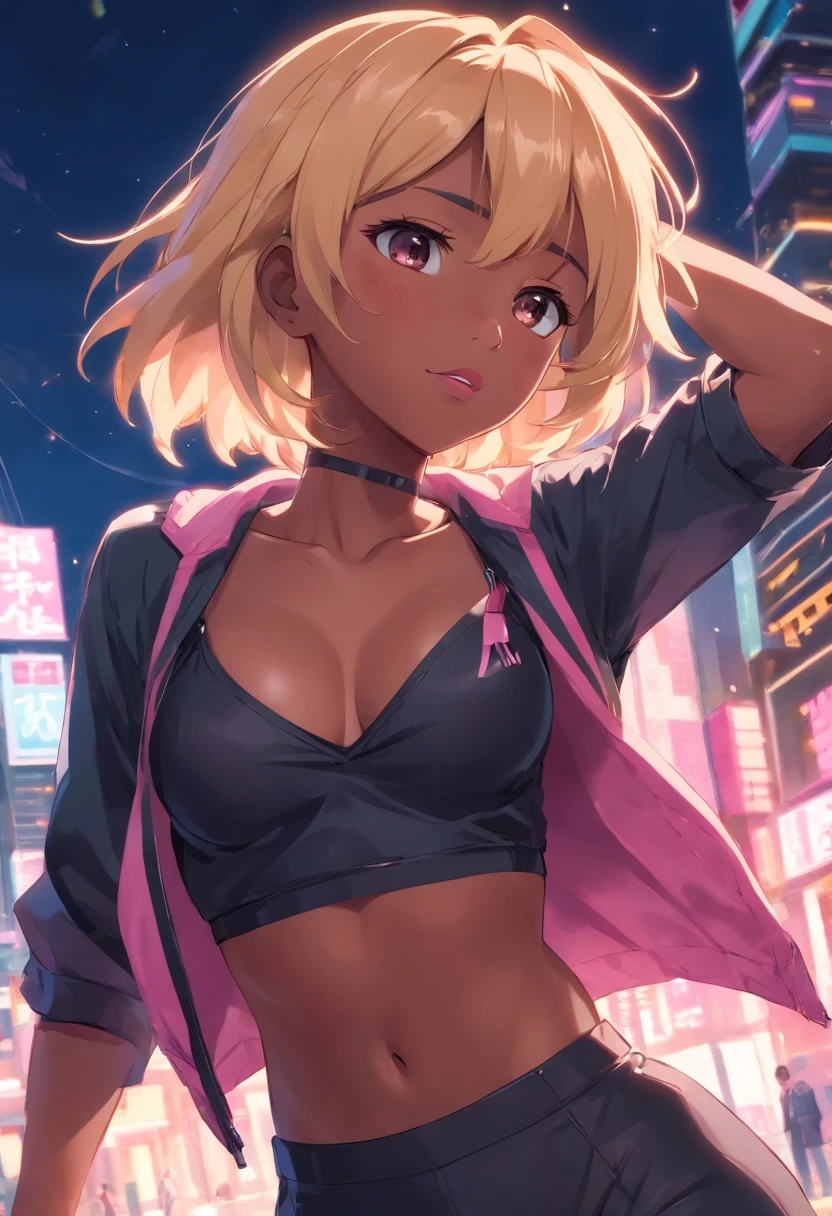 Black female with blonde hair, has pink highlights, wearing tight sexy clothing, cleavage,