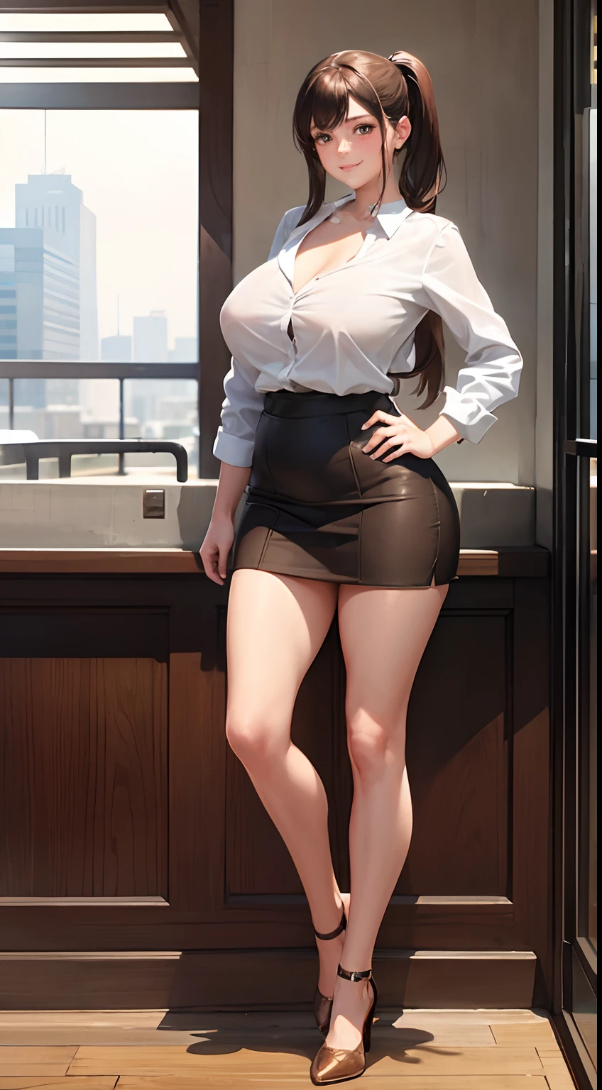 1 pretty girl,white skinned,brown hair,shorter pants,looking at view art,pony tails,Cafe,Brown eyes,Realistic,Curvaceous pose,Big chest,huge tit,smile,low chest, short skirt,full body