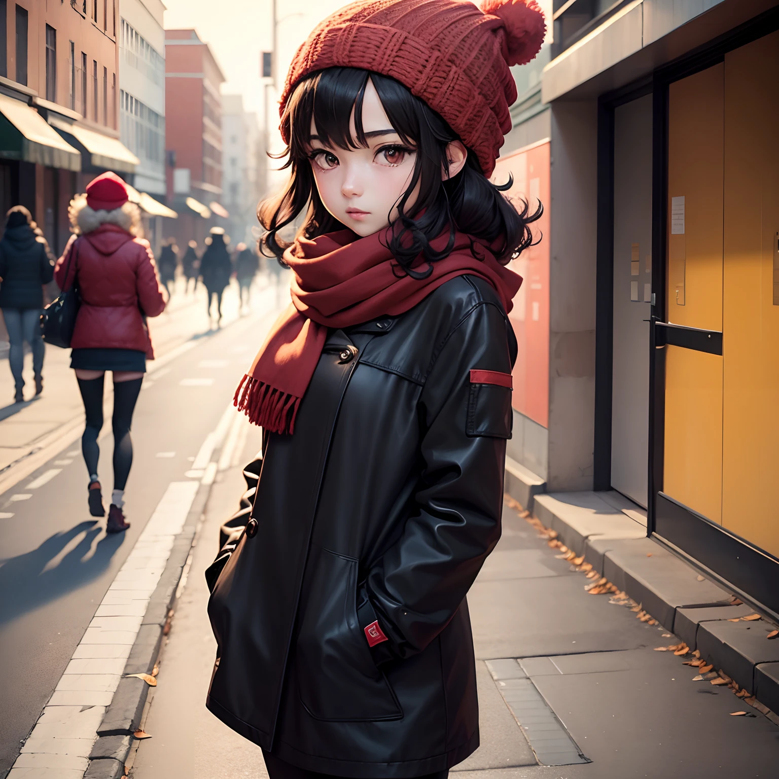 (Highly detailed1.2) anime girl, Skinny, standing on the street in autumn ,in a red hat, in a scarf, curly black hair,