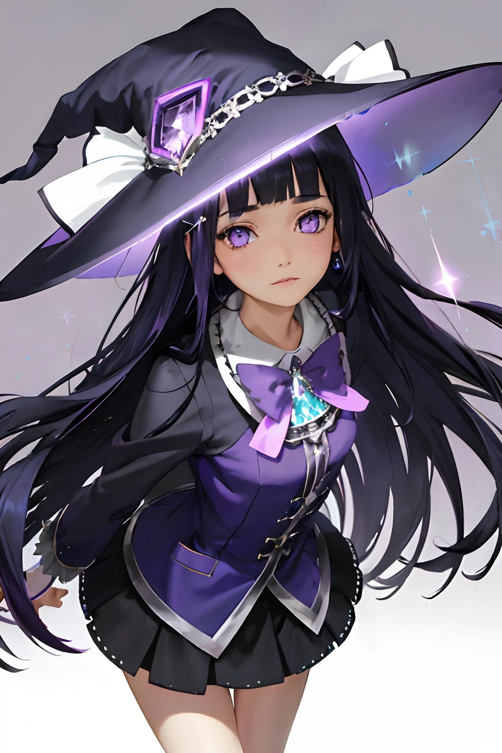 Lavender theme, masterpiece, magical girl, (impossible clothes:1.5), microskirt, gradient background, dark blue hair, , blunt bangs,sidelocks, purple eyes, (ulzzang-6500-v1.1:0.9)thigh gap, hair ornament, arched back, black_witch_hat,intricate_embellishments,Mystical_fountains,glowing_crystals