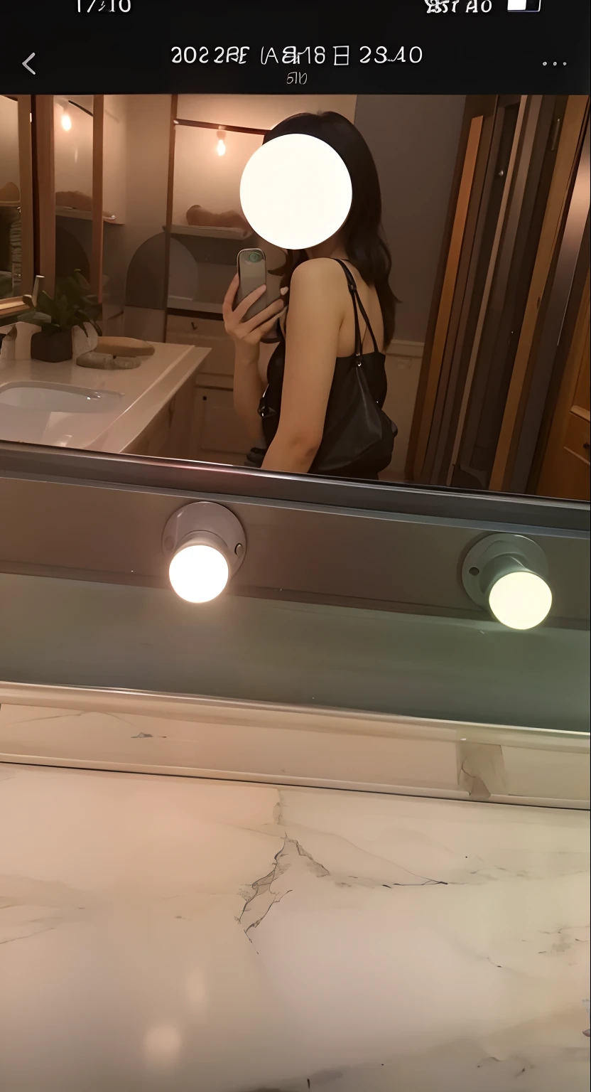 there is a woman taking a picture of herself in the mirror, Mirror selfie, very high quality lights, good quality lighting, extremely good quality lighting, 🤬 🤮 💕 🎀, view from behind mirror, Excellent lighting, with glowing lights at night, night time footage, with a mirror, Highly reflective light, ✨🕌🌙, standing in front of a mirror