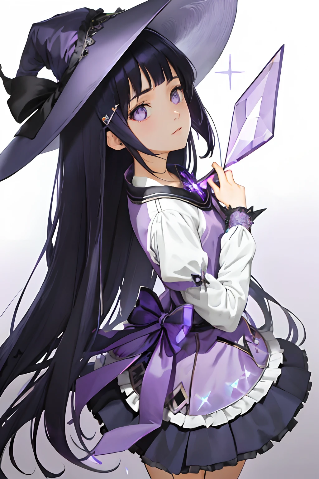 Lavender theme, masterpiece, magical girl, (impossible clothes:1.5), microskirt, gradient background, dark blue hair, , blunt bangs,sidelocks, purple eyes, (ulzzang-6500-v1.1:0.9)thigh gap, hair ornament, arched back, black_witch_hat,intricate_embellishments,Mystical_fountains,glowing_crystals