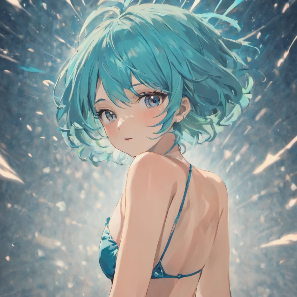 masterpiece, best quality, highest quality, (perfect illumination:1.4), (photorealistic), perfect anatomy, perfect face, perfect eyes, bulmadbzreddress, aqua hair, short hair, blue eyes, earrings, red bikini, sexy pose