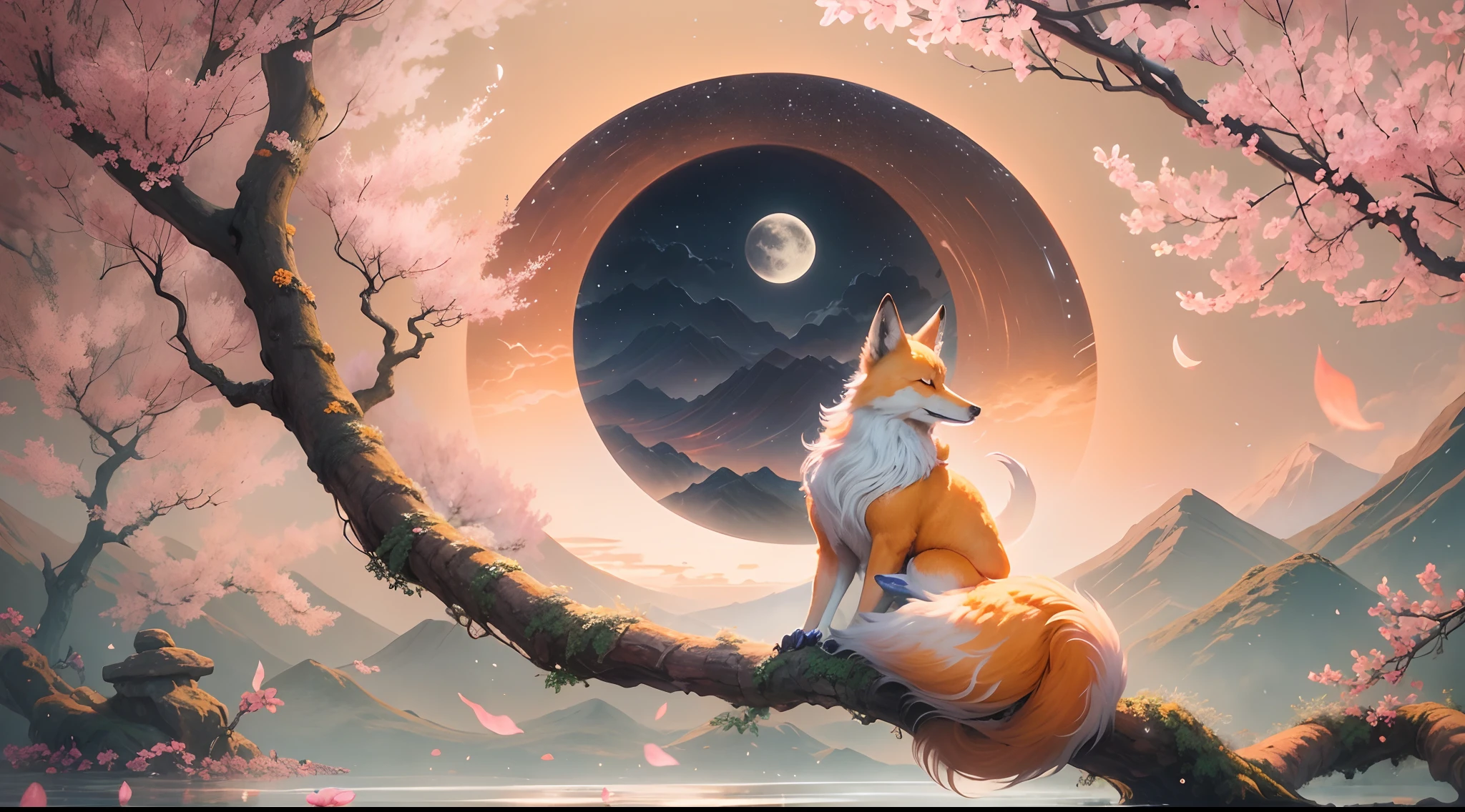 In the spring peach grove,Nine-Tailed Fox Solitary Residence,Posture,Bright as the moon。Between its eyebrows,Exudes a strange kind of wisdom。Deep eyes,Like the star of an autumn night,illuminates the surrounding darkness。The tail sways gently,Picturesque,It's like a flowing note。Against the backdrop of peach blossoms,The nine-tailed fox is more mysterious and noble,It's like a genie in nature,Indisputable to the world,Only in this paradise,Enjoy tranquility and freedom。Painted in luminous oil painting style. Create a fantastic atmosphere. High overall image quality, With ultra-detailed features and realistic, Photorealistic rendering. vibrant with colors