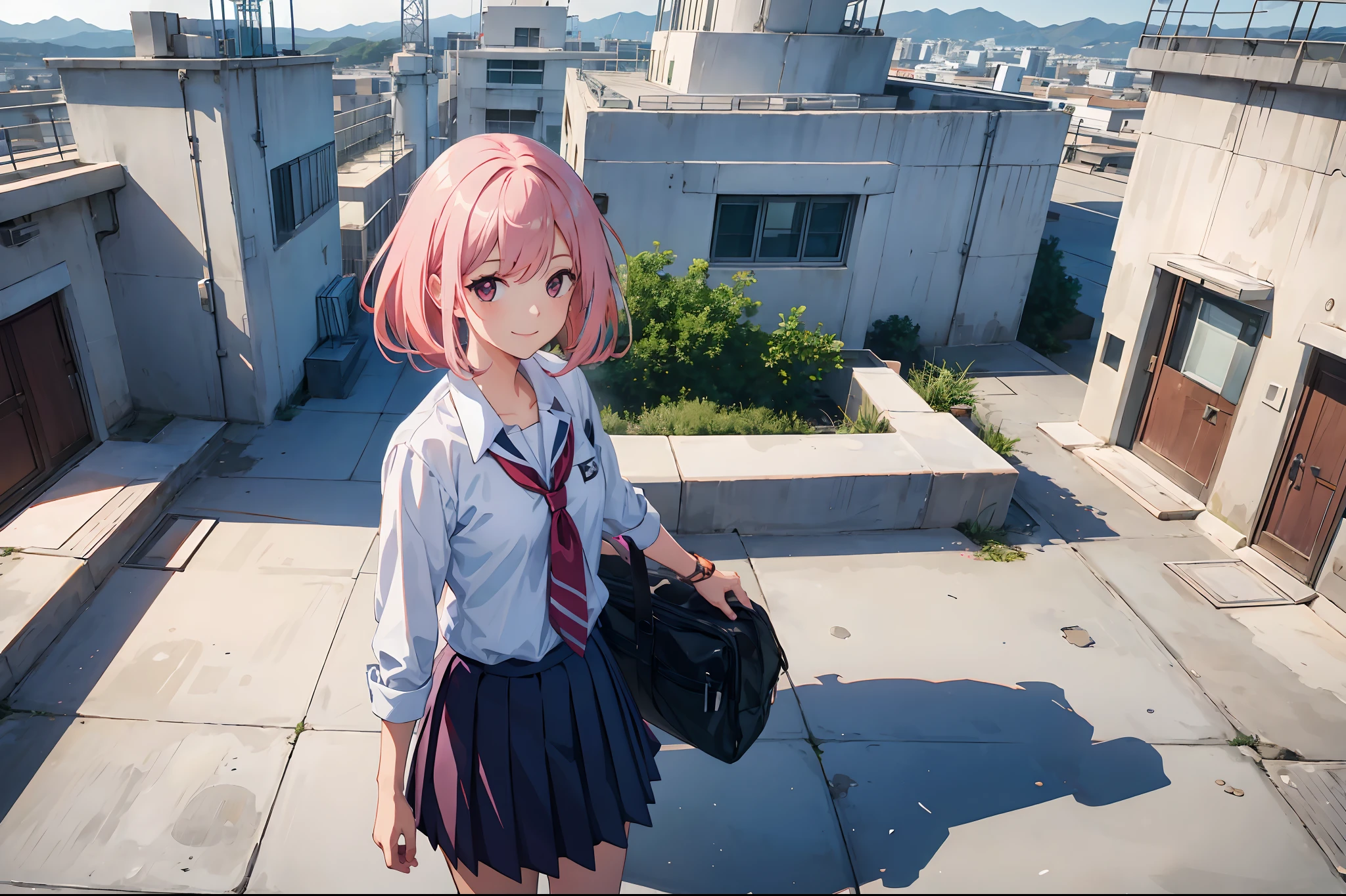 school_rooftop, school rooftop, 1girl, pink hair, smiling
