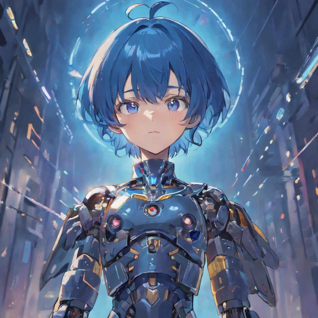 desenho,arte japonesa,imagem corpo inteiro, Robot boy, face expression, armadura azul, Light Cannon Gun