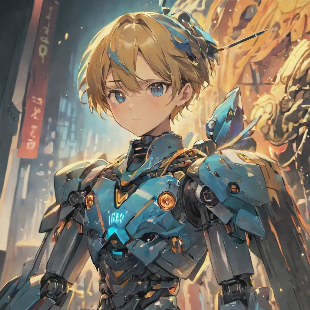 desenho,arte japonesa,imagem corpo inteiro, Robot boy, face expression, armadura azul, Light Cannon Gun