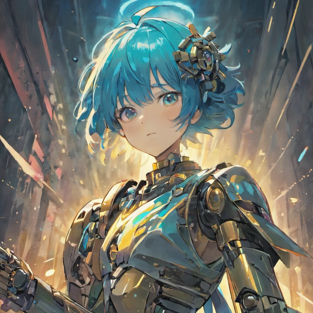 desenho,arte japonesa,imagem corpo inteiro, Robot boy, face expression, armadura azul, Light Cannon Gun