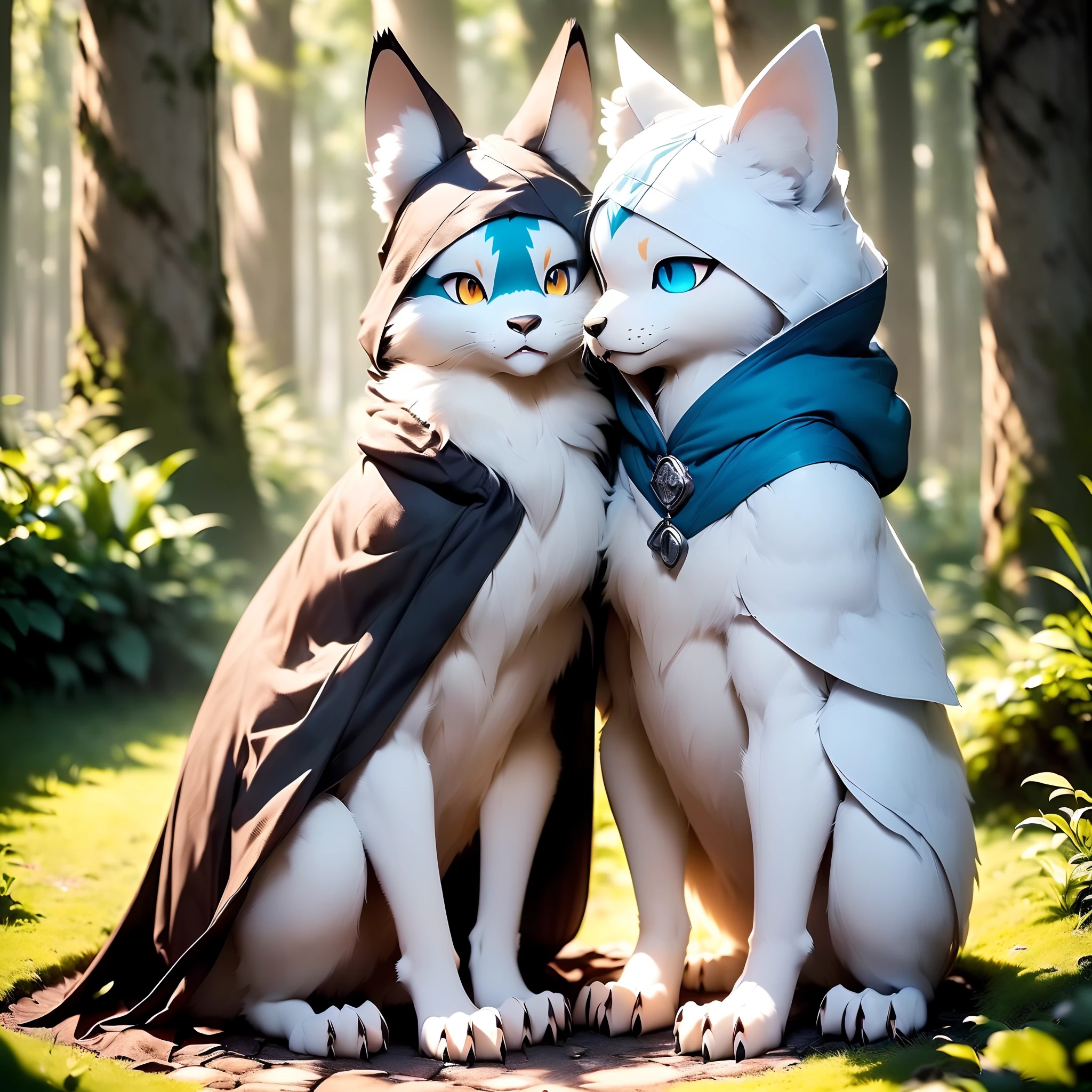 Anthropomorphic furry little wolf,adolable, Light:Extreme light and shadow,(anthr(A half body,Full Body Furry, Close-up of the head bust, Pale blue hair,Large pale blue ears,Big blue eyes,White fur,Reddish skin ,Sky blue eyes, Pale blue hair:1.2), (long canines、Thick cloak:1.2),(In the daytime、lawns)) ,((Deep in the forest at night,glowworm,Stone path,独奏,solo person)),((the detail)),(depth of fields