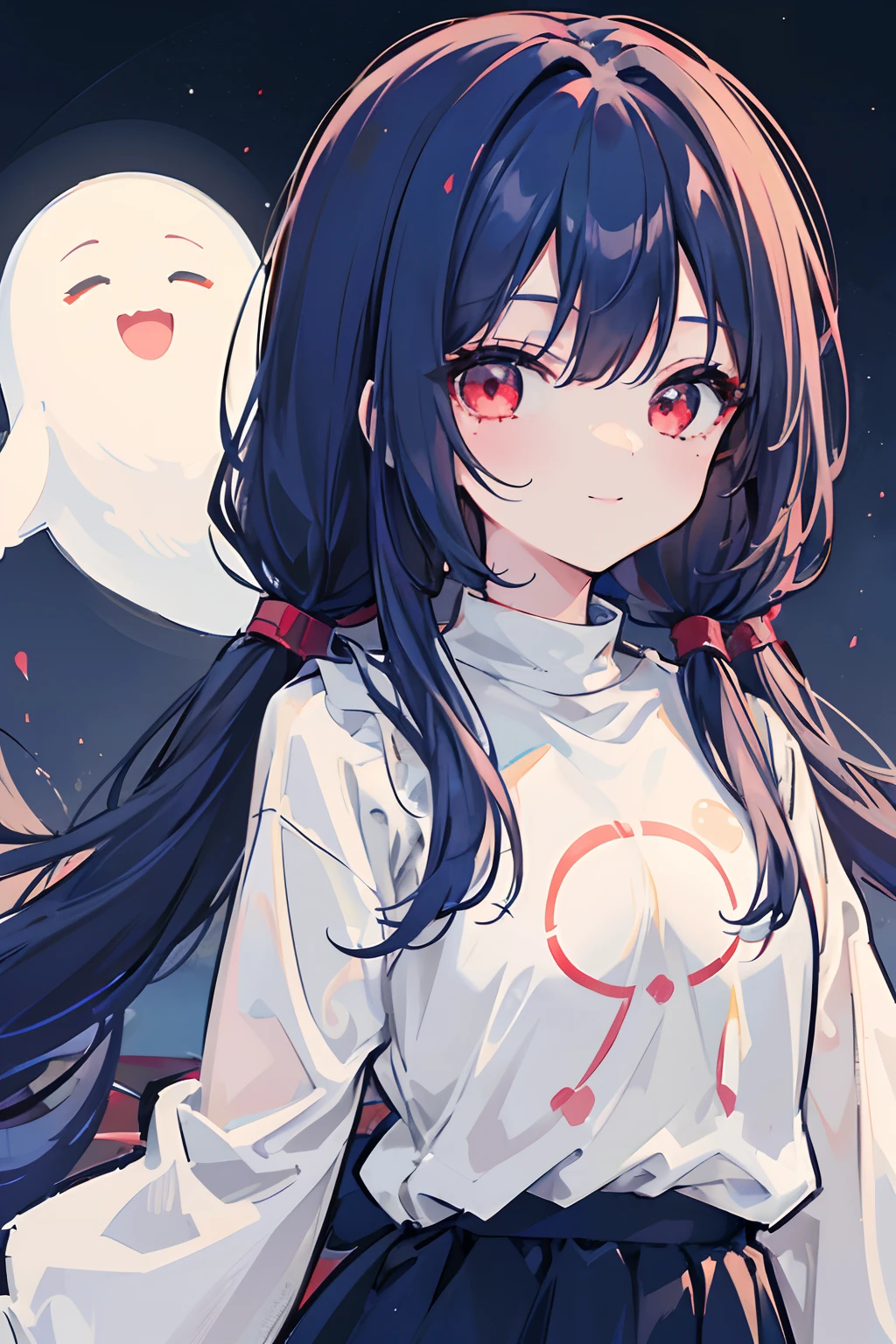 1girl, masterpiece, young girl, high quality, (dark blue hair), (straight hair), ((up twintail)), long hair, red eyes, ((detail face)), in the night, (flying above), (flying in the sky), ((with ghosts)), (cute ghosts) wearing a white jumper, (smiling)