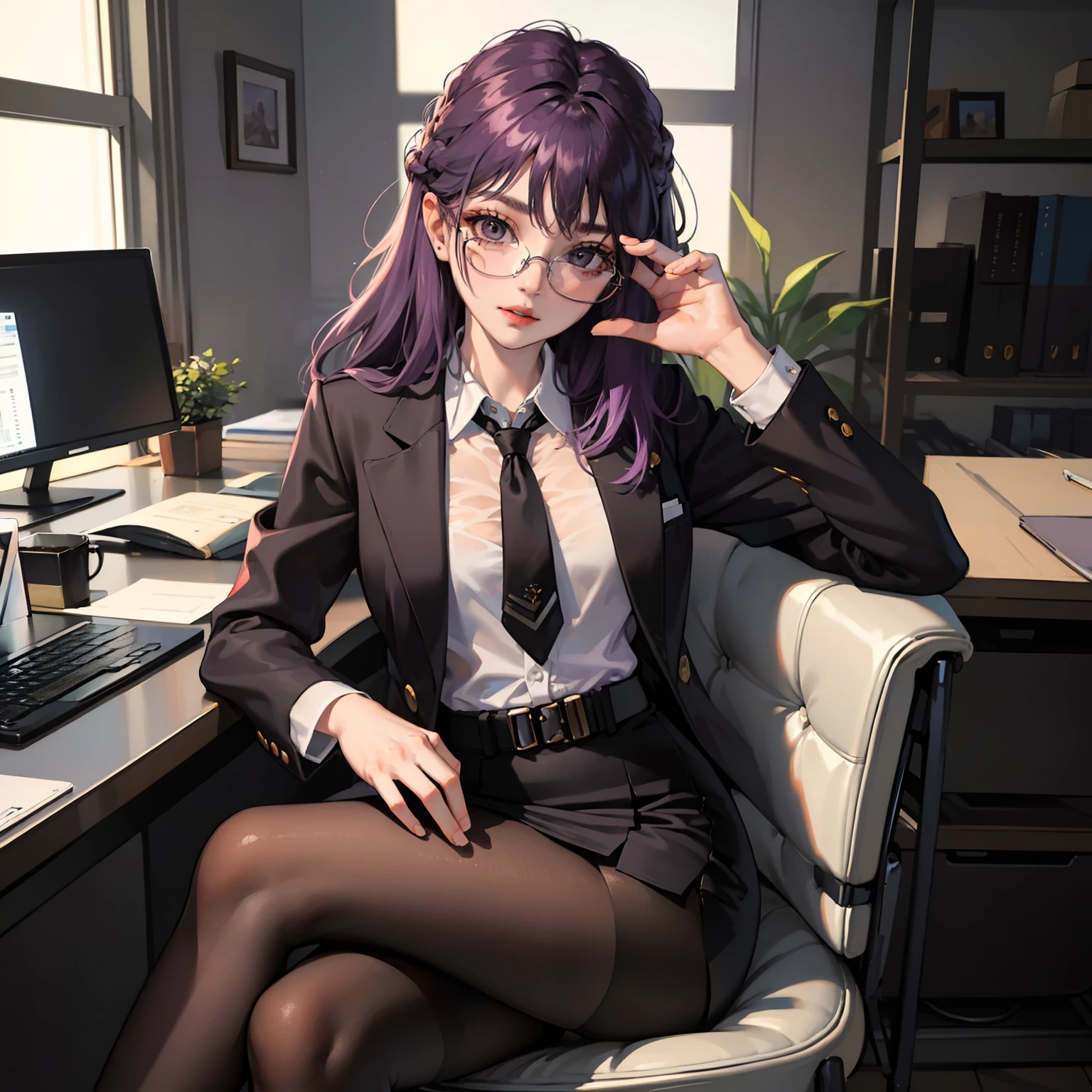 (Masterpiece), Best Quality, expressive eyes, a perfect face, 1girl, solo, purple hair, brown eyes, office clothes, white  shirt, black jacket, unbuttoned blazer, black necktie, pencil skirt, black tights, transparent tights, black shoes, Cross-legged, Sitting in Office Chair, in the office, eyeglasses,