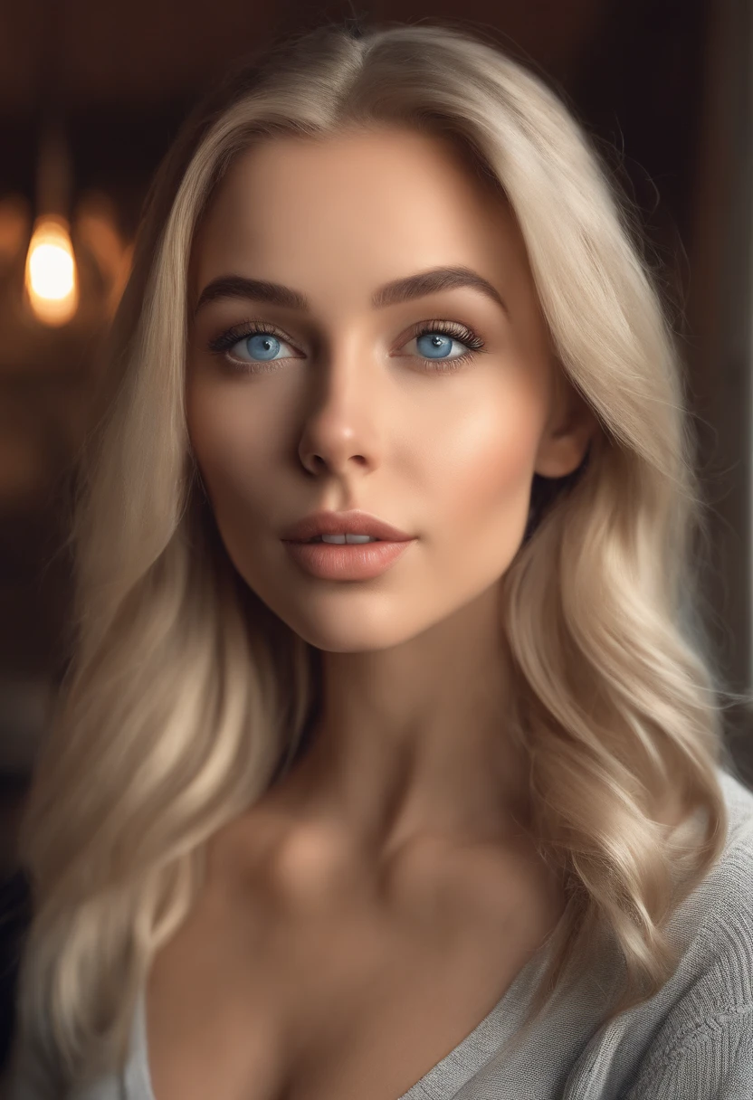 arafed woman fully , sexy girl with blue eyes, ultra realistic, meticulously detailed, portrait sophie mudd, blonde hair and large eyes, selfie of a young woman, bedroom eyes, violet myers, without makeup, natural makeup, looking directly at the camera, face with artgram, subtle makeup, in a german pub to large size bust