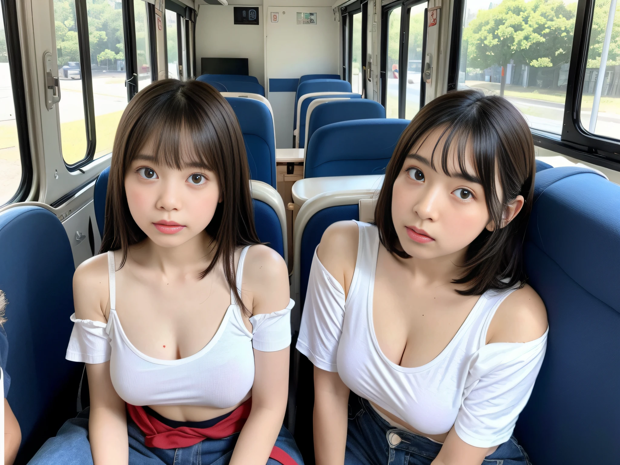 pieces fly, highest quality, ((highest quality、8K、masterpiece:1.3))、ultra high resolution、Physically based rendering、(realistic：1.37)、完璧な体の美しいtwo women:1.4、slim abdomen:1.2、Highly detailed face and skin texture、 red cheeks、white skin、thin waist,thin legs、highest quality,Super detailed,masterpiece,very beautiful  girl, (cute:1.2),perfect shiny skin,perfect skin,((Accurate hand without discomfort)), (brown hair),(short bob hair),(((full nude)))、((plaid pleated skirt))、smile、((sit on a flat seat on a train))、(((wet body)))、(((I can see pubic hair)))、(((two women)))、((Put your hand in your crotch))、necklace、ribbon