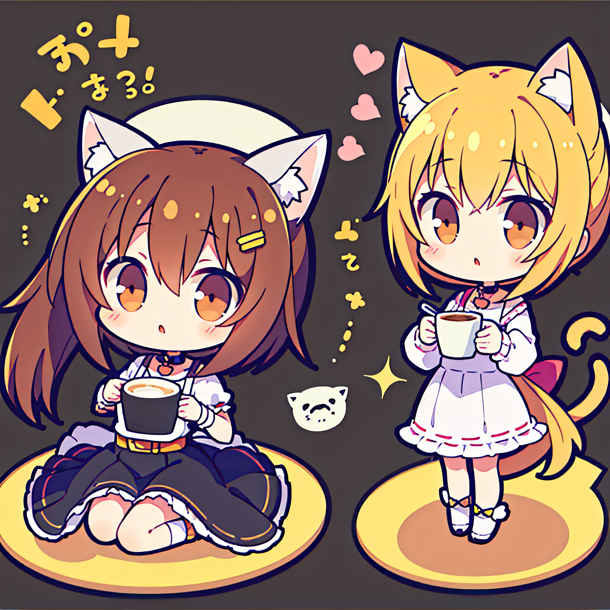 2girls,chibi,cat ears, kiss,yuri, coffee cup,symmetrical pose, tail, head rub, in cup,speak heart,