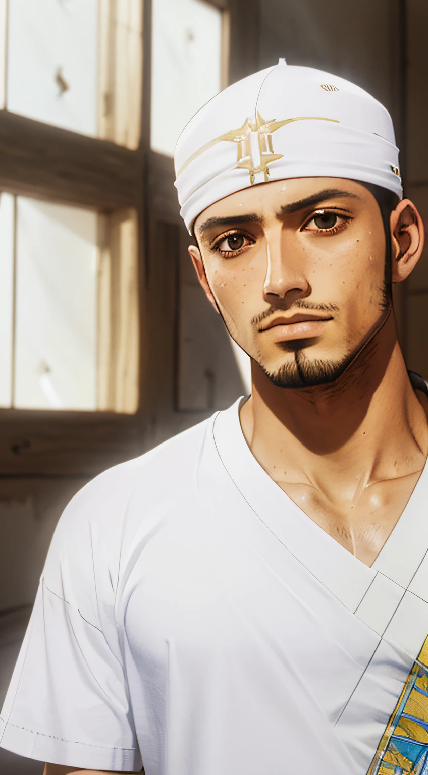 Beautiful medium shot portrait of a young arabic man inspired by ayami kojima with short hair dressed with a white t - shirt looking into the camera from three - quarters, white background white bank studio light, art by yoshitaka amano, alfons mucha, final fantasy, high quality, 8 k Full body portrait of bedouin sitting in brutalistic Environment in the desert