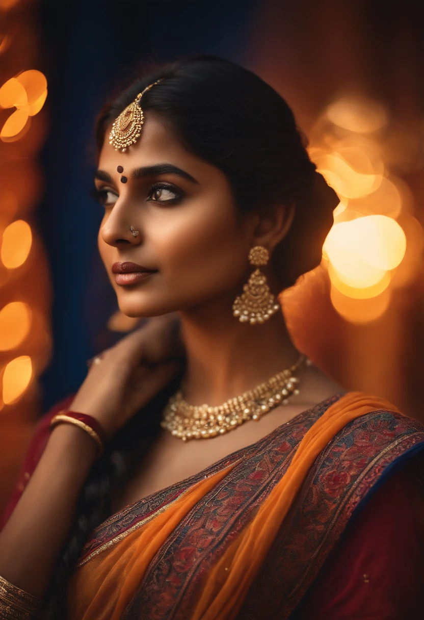 (highres,realistic:1.2),beautiful Indian girl wearing saree,detailed eyes and face,traditional landscape,sunset lighting,vibrant colors,flowing fabric,elegant pose,flower accessories,delicate embroidery,subtle patterns,graceful movement,ethnic jewelry,henna decorated hands,soft focus,portrait art