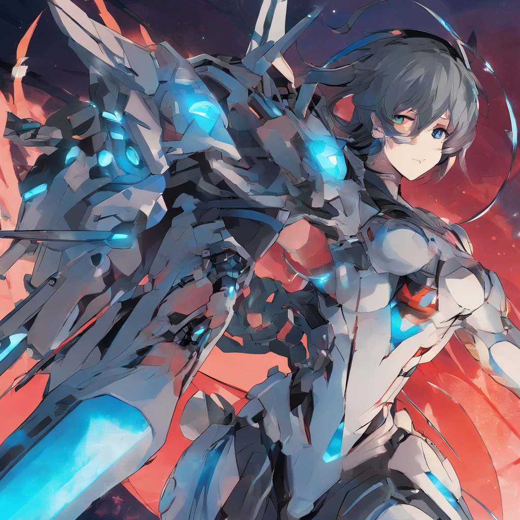 desenho, Arte Japonesa, imagem corpo inteiro, robot boy, face expression, Armadura azul, Light Cannon, physical illustration, detailed shading, vibrant colors, action pose, futuristic setting, shadow and light, intense gaze, dynamic movement, digital art, mechanical design, anime style, sleek design, glowing eyes, powerful presence