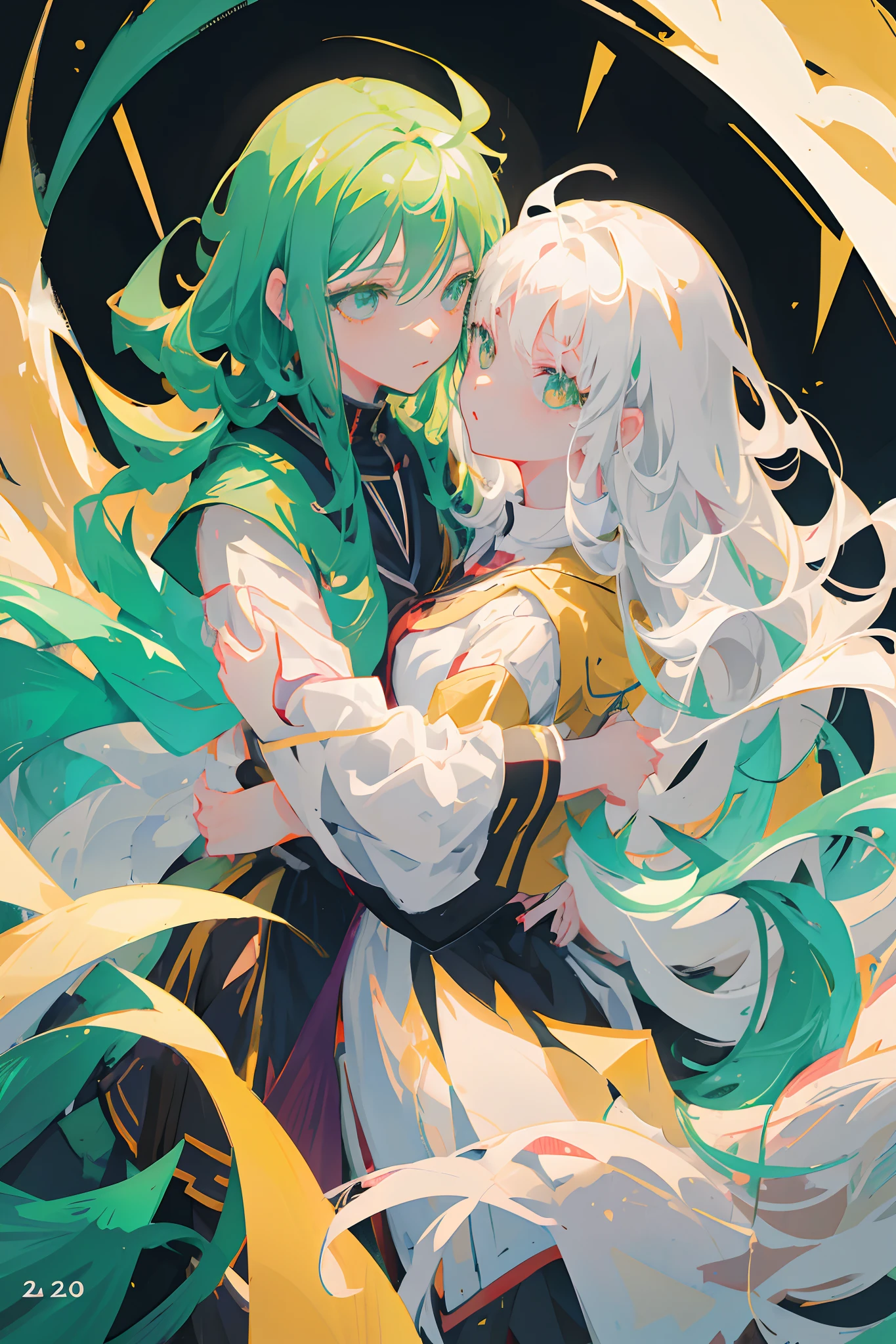 two female anime character, half body, front view, one girl has long white hair girl with green eyes, the other girl has short medium wavy hair girl with black eyes, romantic atmosphere, fanart, illustration, high quality fanart, 2 d anime style, detailed fanart
