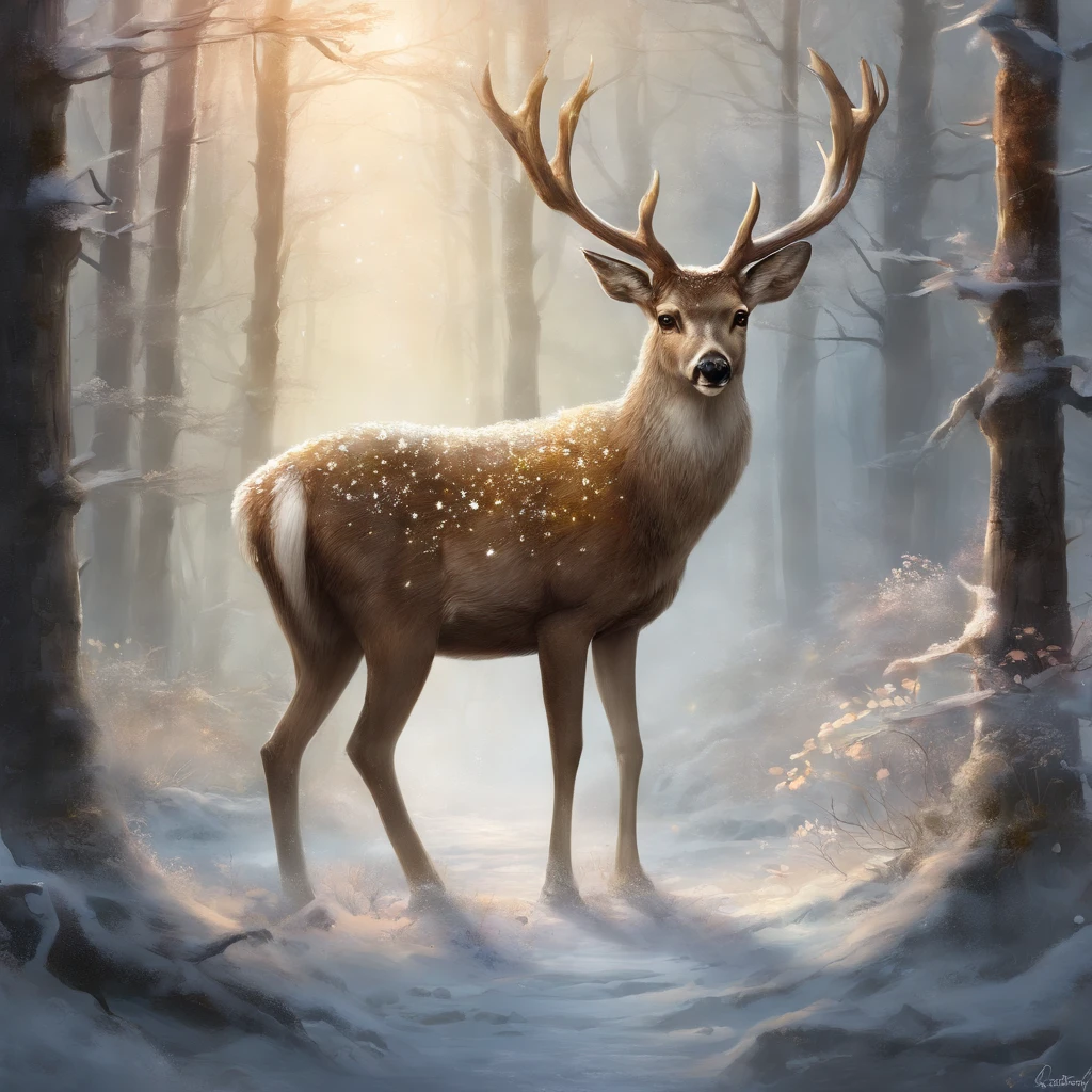 qualidade superior, obra prima, ultra-detalhada, Foto RAW, (Fotorrealista:1.4), Amidst that enchanted forest, a truly extraordinary deer appeared. Its coat was as white as freshly fallen snow, making it seem like a creature born from the very purity of nature. Its antlers were remarkably large and as white as the surrounding tree branches, seamlessly blending with the landscape.What made this deer even more unique were the small white leaves that seemed to have harmoniously fused with its coat. These leaves, like frozen flower petals, added a touch of charm and mystery to its appearance.With eyes that shone like precious gems, the white deer appeared to be a living manifestation of the enchanted forest itself. It moved with a grace that seemed to transcend reality, as if it were in perfect harmony with the magical world around it. It was a sight that left all who beheld it in awe, reminding them that in that forest, magic was an intrinsic part of the wildlife.Estilo Europeu, Pale lighting, Noite, profundidade de campos