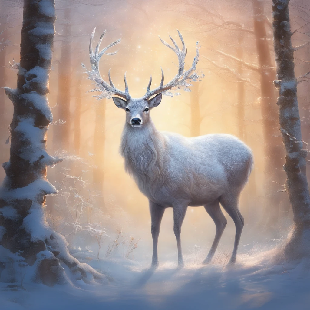 qualidade superior, obra prima, ultra-detalhada, Foto RAW, (Fotorrealista:1.4), Amidst that enchanted forest, a truly extraordinary deer appeared. Its coat was as white as freshly fallen snow, making it seem like a creature born from the very purity of nature. Its antlers were remarkably large and as white as the surrounding tree branches, seamlessly blending with the landscape.What made this deer even more unique were the small white leaves that seemed to have harmoniously fused with its coat. These leaves, like frozen flower petals, added a touch of charm and mystery to its appearance.With eyes that shone like precious gems, the white deer appeared to be a living manifestation of the enchanted forest itself. It moved with a grace that seemed to transcend reality, as if it were in perfect harmony with the magical world around it. It was a sight that left all who beheld it in awe, reminding them that in that forest, magic was an intrinsic part of the wildlife.Estilo Europeu, Pale lighting, Noite, profundidade de campos