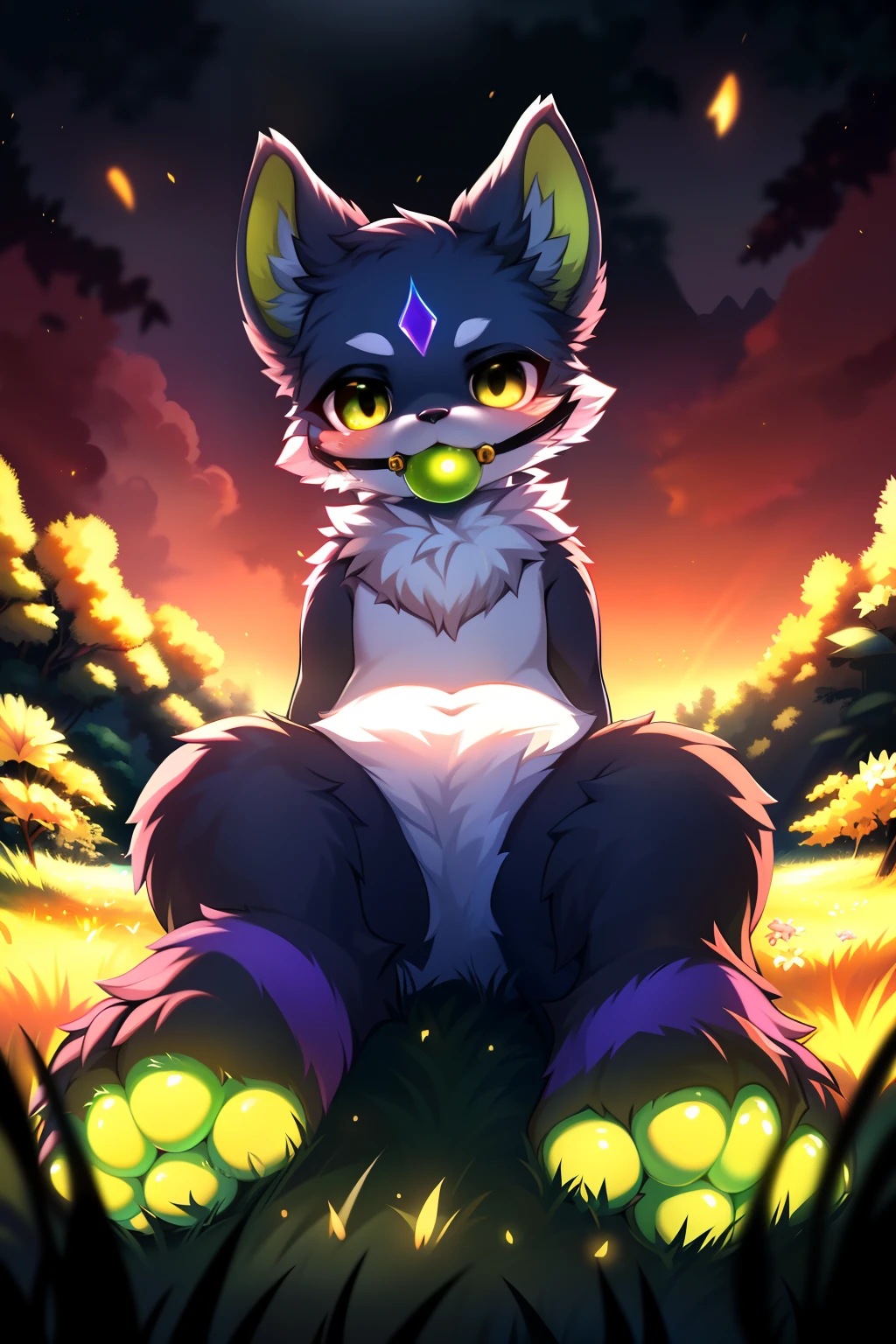(blue fur), (foot focus), expansive landscape photograph , (lying, sad, hands behind back, ball gag, gag, blush), (feet up, paws, green pawpads), furry boy, fox, (cub), flower field, (full moon:1.2), ( shooting stars:0.9), (nebula:1.3), distant mountain, tree BREAK production art, (warm light source:1.2), (Firefly:1.2), lamp, lot of purple and orange, intricate details, volumetric lighting, realism BREAK (masterpiece:1.2), (best quality), 4k, ultra-detailed, (dynamic composition:1.4), highly detailed, colorful details,( iridescent colors:1.2), (glowing lighting, atmospheric lighting), dreamy, magical, (solo:1.2)