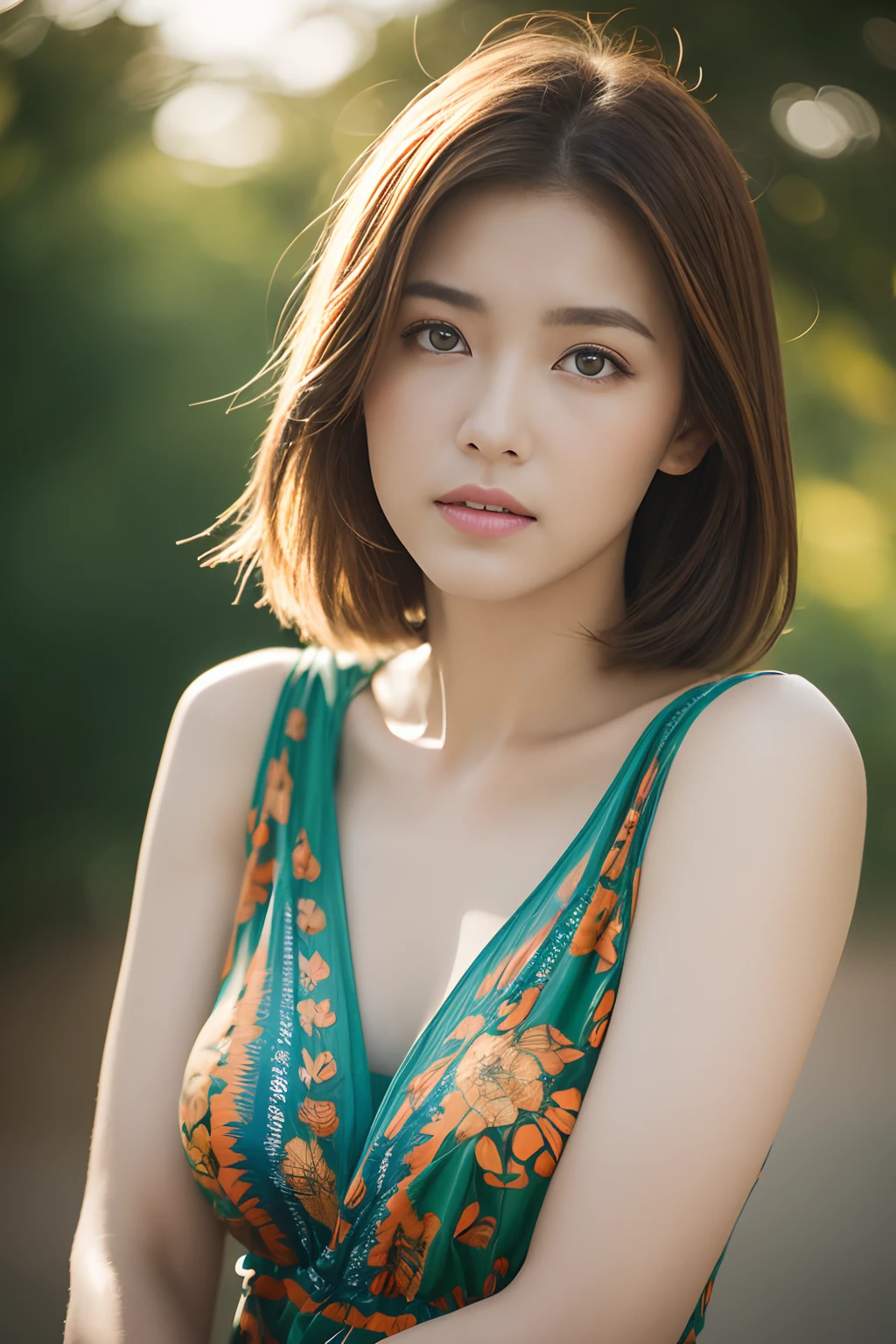 masuter piece, top-quality, ​masterpiece, hight resolution, Photorealsitic, Raw photography, 8k wallpaper, flawless, profetional lighting, ighly detailed, depth of fields, ((One beautiful woman)), 30-years old, Female sexy, ((Green and blue and orange printed dress with fancy pattern)), The upper part of the body, ((See the viewer's eyes)), Detailed face, beautidful eyes, ((Facing the front)), (kneeking), bangss, small breasts of good shape, Light Brown Straight Hair, Faint lips, Cowboy Shot, (arms between legs)