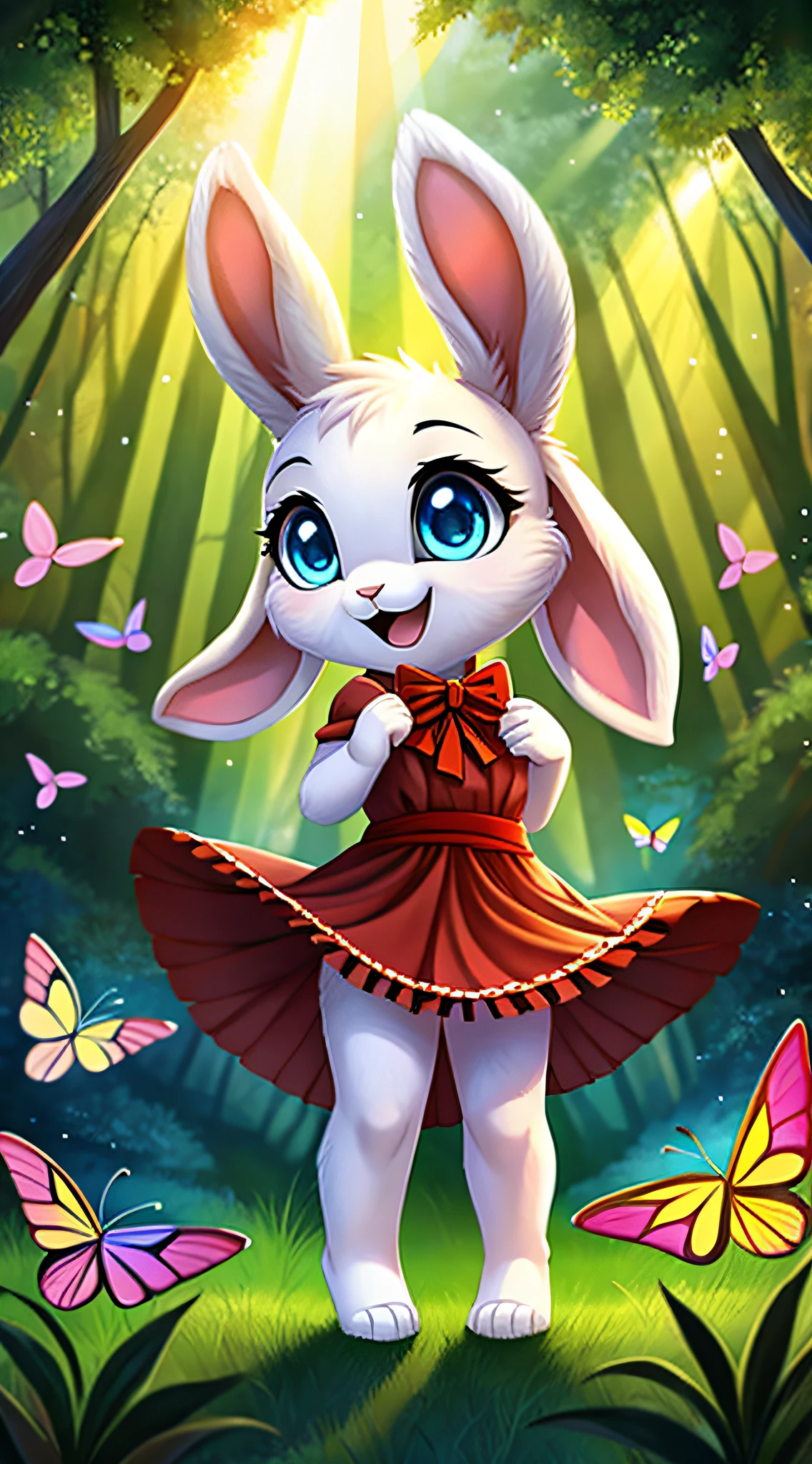 zoomed out image, fantasy style art, cute, adorable, short character, small, tiny, baby fluffy female white bunny with blue eyes, 4 ears, 2 extra ears, big floppy ears, long ears, ears perked up, raised ears, long eyelashes, wearing a red frilly ribbon dress, standing in a forest, colorful butterflies, big expressive smile, open mouth, wide eyes, excited eyes, excited face, stunning visuals, sunrays, digital illustration