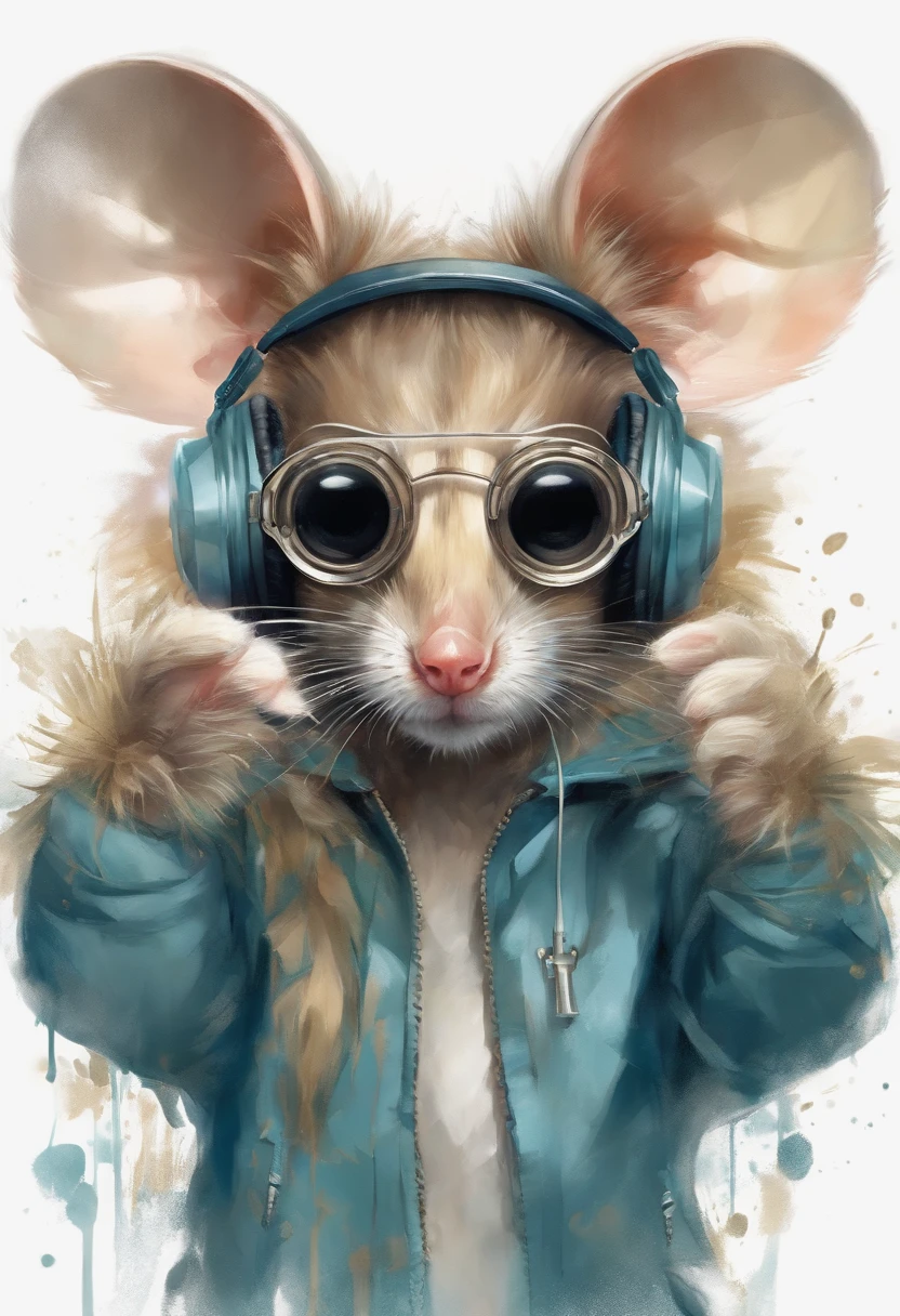 Perfect centering, Cute mouse, Wear a student team jacket, Wearing sunglasses, Wearing headphones, cheerfulness, Standing position, Abstract beauty, Centered, Looking at the camera, Facing the camera, nearing perfection, Dynamic, Highly detailed, smooth, Sharp focus, 8K, high definition resolution, illustration, Art by Carne Griffiths and Wadim Kashin, White background
