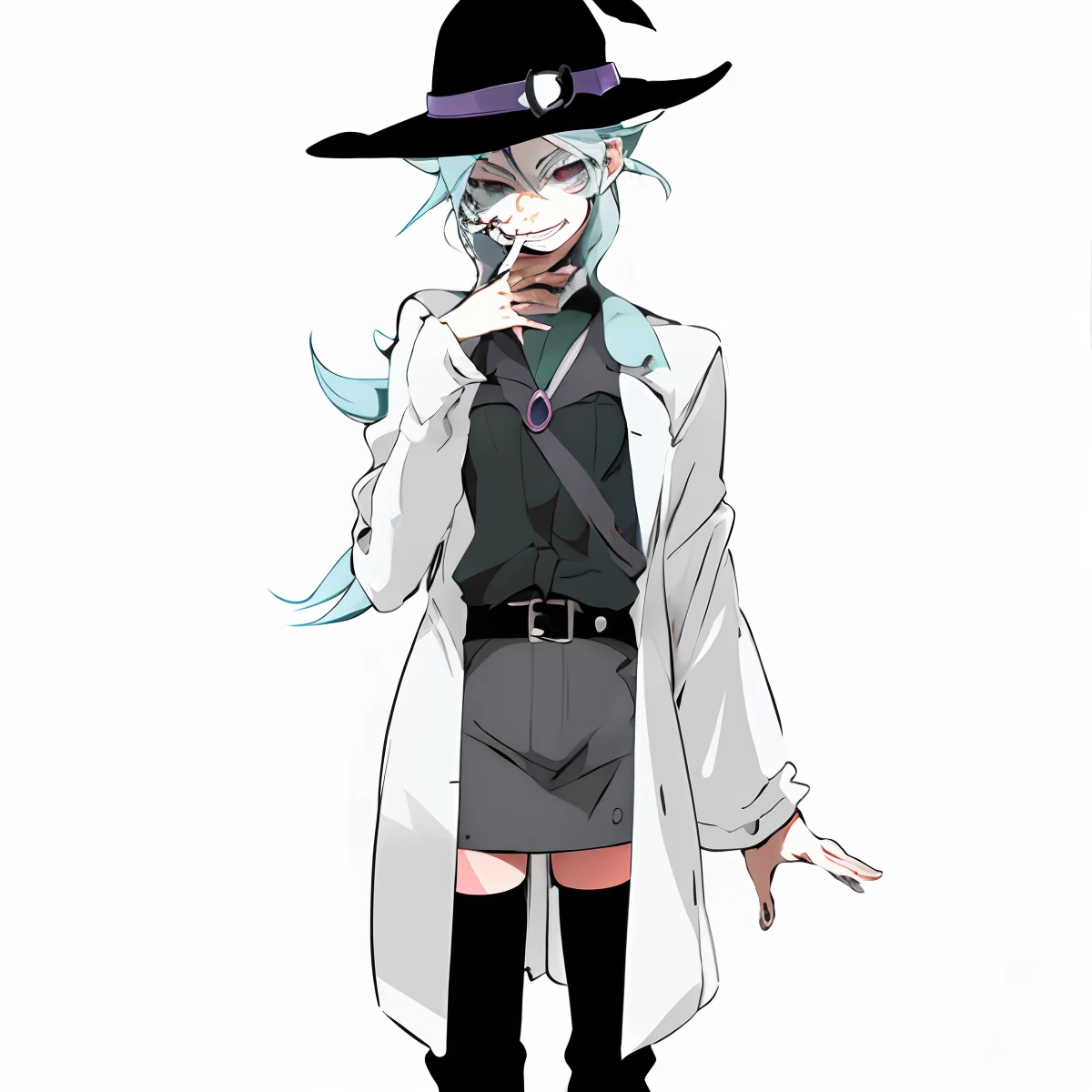 Anime characters in witch costumes and hats and cigarettes, 2 d anime style, Witch Girl, 2 D Anime, anime style character, full_Body!!, alchemist girl, 2D Styles, Anime Character, witch academia, anime moe art style, Full body!!, zerochan, mysterious girl, arcane style!!!!!, Skinny young woman alchemist,Eyes are dead,a smile