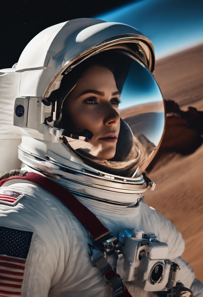 nude woman astronaut,realistic,photorealistic:1.37,highres,(best quality,4k,8k,masterpiece:1.2),ultra-detailed,detailed eyes and lips,beautiful body,dark hair,futuristic spacesuit,exploring the vastness of space,galactic background,star-filled sky,subtle glow,lit by a distant nebula,powerful and dramatic lighting,shimmering colors,dynamic pose,graceful movement,weightlessness,visually stunning scene,cosmic exploration