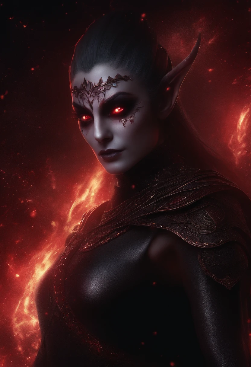 dark elf, Glowing scarlet eyes, , Very dark colors, Dark-light particles,  Mshiff, Wallpaper Art, UHD wallpaper