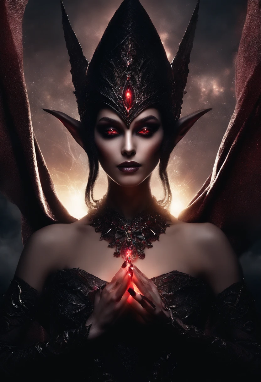 dark elf, Glowing scarlet eyes, , Very dark colors, Dark-light particles,  Mshiff, Wallpaper Art, UHD wallpaper