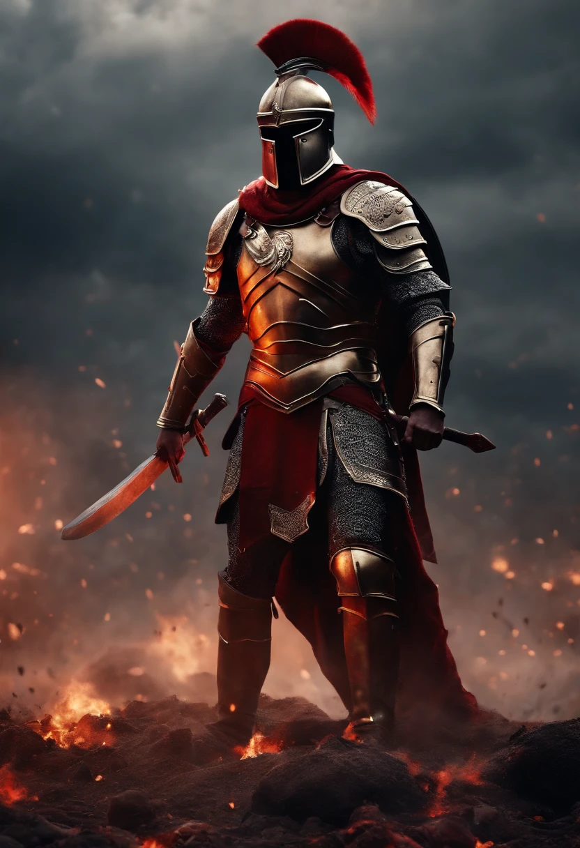 spartan warrior, victorious, bloody armor, on battlefield, Standing over the bodies of his enemies, epic, 8k