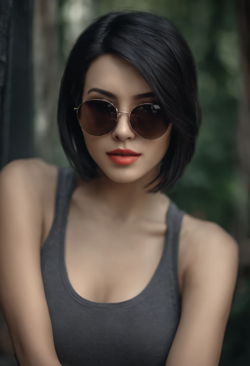 Woman, Young woman, 18 years old, resident evil ada wong hair length to neck style, black hair, hair covering both ears, beautiful face, beautiful, selfie, selfie face frontal, wearing gray tank top without design, wearing dark glasses sunglasses