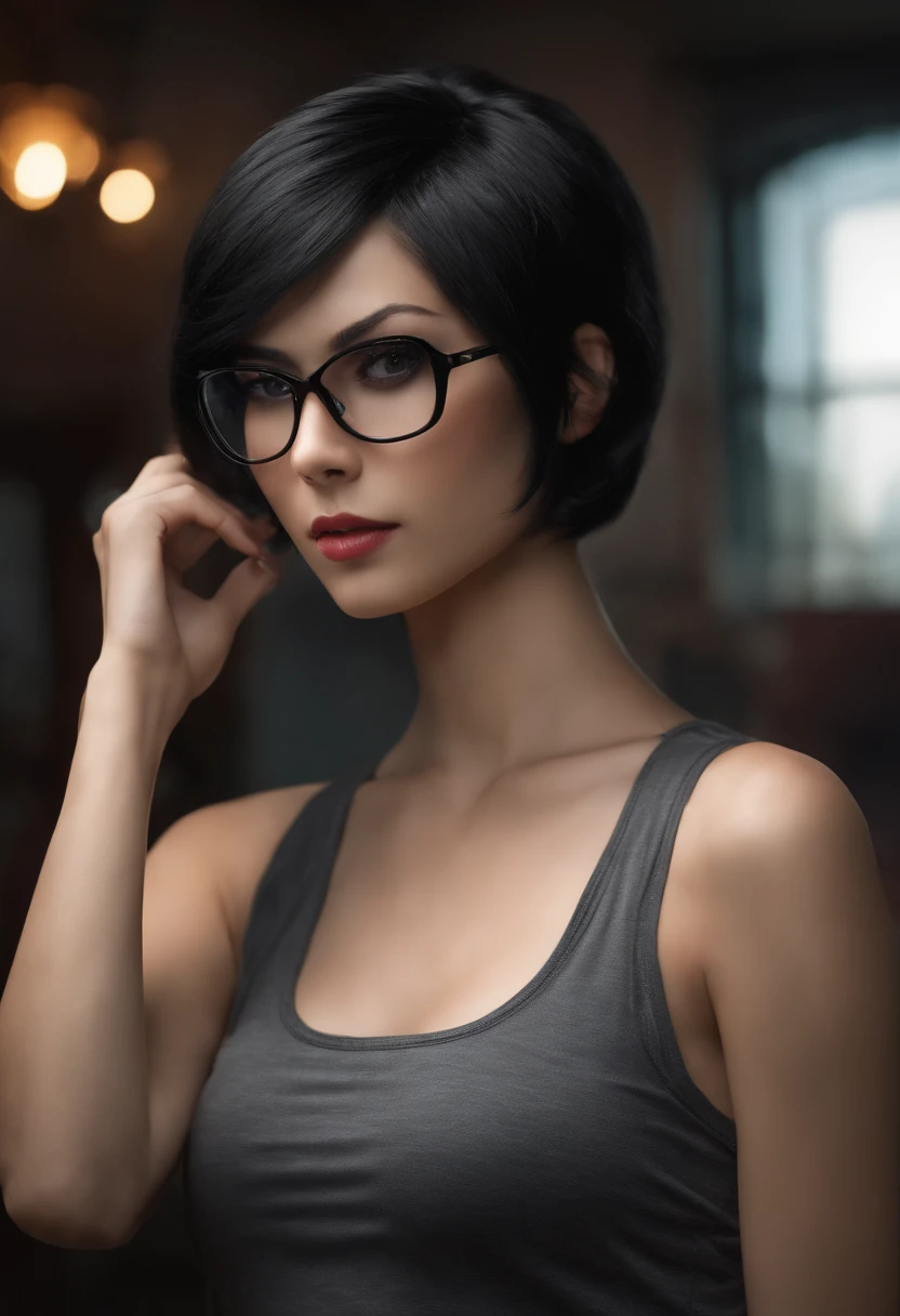 Woman, Young woman, 18 years old, resident evil ada wong hair length to neck style, black hair, hair covering both ears, beautiful face, beautiful, selfie, selfie face frontal, wearing gray tank top without design, wearing dark glasses sunglasses