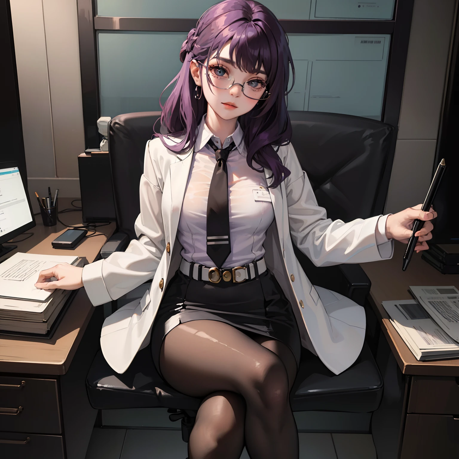 (Masterpiece), Best Quality, expressive eyes, a perfect face, 1girl, solo, purple hair, brown eyes, office clothes, white shirt, black jacket, unbuttoned blazer, black necktie, pencil skirt, black tights, transparent tights, black shoes, Cross-legged, Sitting in Office Chair, in the office, eyeglasses,
