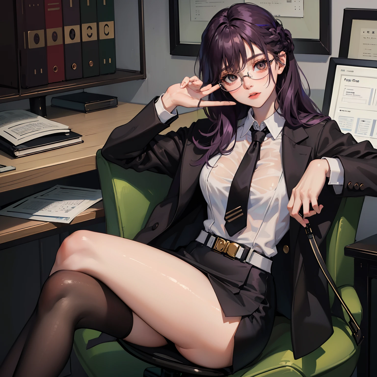 (Masterpiece), Best Quality, expressive eyes, a perfect face, 1girl, solo, purple hair, brown eyes, office clothes, white shirt, black jacket, unbuttoned blazer, black necktie, pencil skirt, black tights, transparent tights, black shoes, Cross-legged, Sitting in Office Chair, in the office, eyeglasses,
