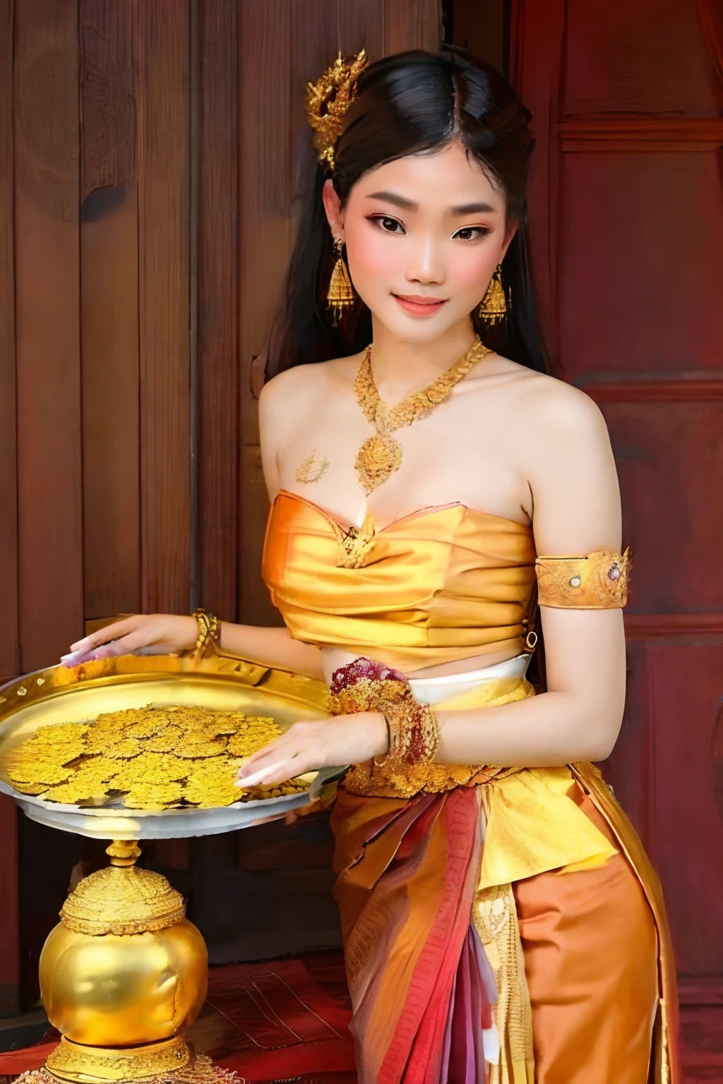 Thai woman in traditional Thai costume holding tray of gold,Golden body strap tradition, Brown Sabai dress, thai traditional necklace, thai traditional bracelets, thai traditional belt, thai traditional earring, strapless thai traditional dress, strapless thai traditional dress