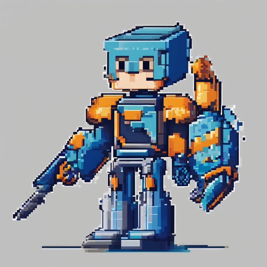 foto meio corpo, robot boy, face expression, Armadura azul, arm turns gun, dynamic position