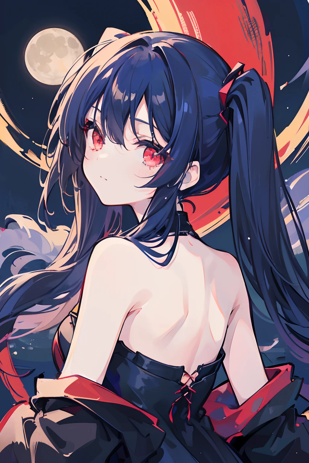 1girl, masterpiece, young girl, high quality, ((dark blue hair)), ((straight hair)), (twintail), ((long hair)), (red eyes), ((deatil face)), in the night, night sky, with the moon, full moon, with the stars, dark, small smiling, (wearing a black dress)