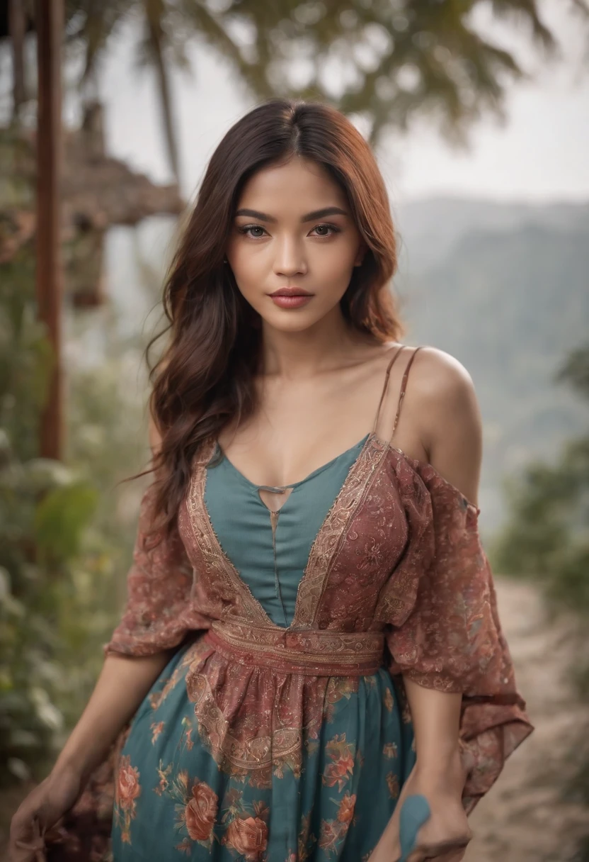 wide angle, camera- full length shot,  Best quality, masterpiece, very high resolution,  a beautiful indonesian woman, 20 years old, in colorful bohemian style clothing, with tattoos, walking and posing, professional model,  next the wall, the wall made of colorful wood , cinematic grading, cinematic retro grading ,  realistic detail,  high detail,  high resolution,  low contrast, depth blur, bokeh,