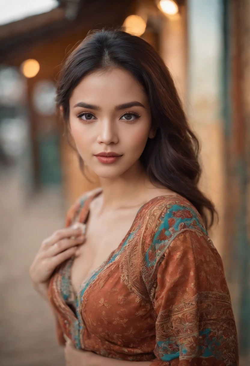wide angle, camera- full length shot, Best quality, masterpiece, very high resolution, a beautiful indonesian woman, 20 years old, in colorful bohemian style clothing, with tattoos, walking and posing, professional model, next the wall, the wall made of colorful wood , cinematic grading, cinematic retro grading , realistic detail, high detail, high resolution, low contrast, depth blur, bokeh,