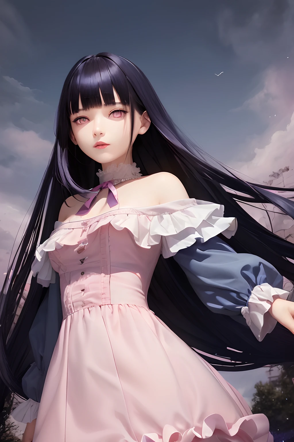 (extremely detailed, best quality), floating, an extremely delicate and beautiful dream-like scene, Blunt Bangs, purple eyes

[(1girl),(long dark blue hair), detailed face, neck ribbon, elegant pink dress, standing on a cloud, (wide shot), (mysterious atmosphere):1.5],

[(butterfly wings),(fluffy cat),(floral bouquet),(fairytale), (sunshine),(soft light),(pastel colors),(glitter):0.8]