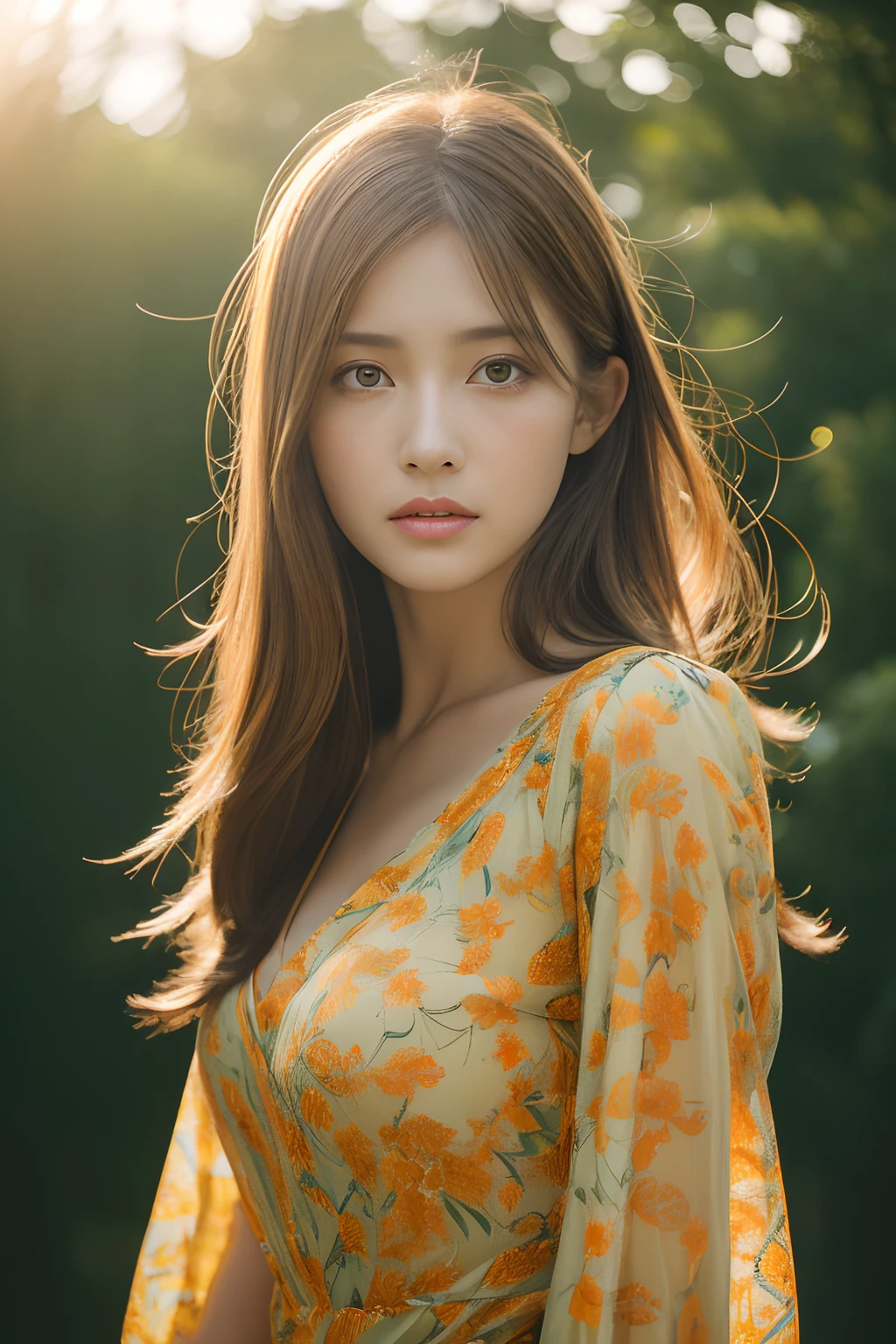 masuter piece, top-quality, ​masterpiece, hight resolution, Photorealsitic, Raw photography, 8k wallpaper, flawless, profetional lighting, ighly detailed, depth of fields, ((One beautiful woman)), 30-years old, Female sexy, ((Flashy pattern green and blue and yellow and orange print dress)), The upper part of the body, ((See the viewer's eyes)), Detailed face, beautidful eyes, ((Facing the front)), (kneeking), bangss, small breasts of good shape, Light Brown Straight Hair, Faint lips, Cowboy Shot, (arms between legs)